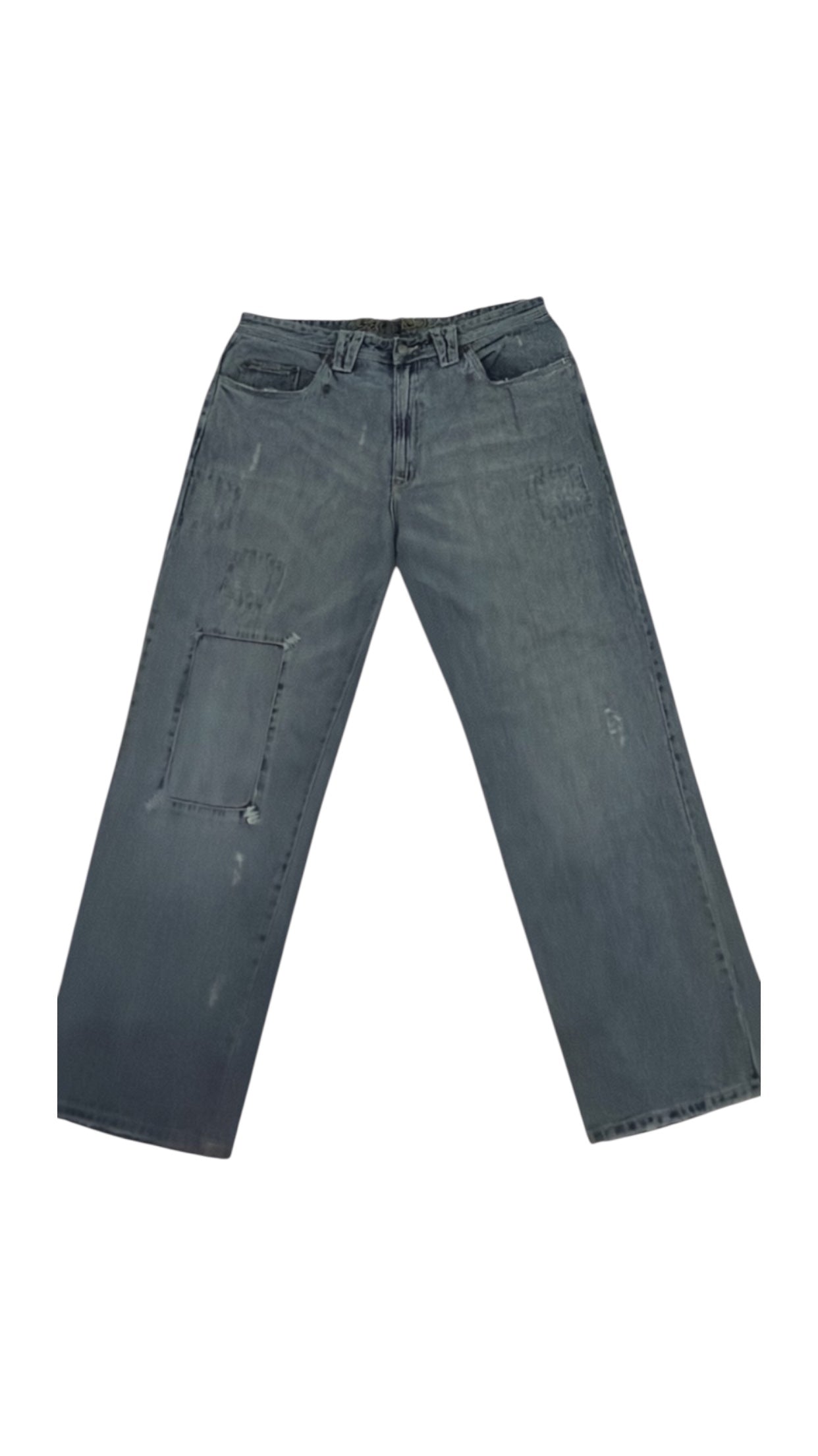 SohoStich Co. light-wash denim jeans with relaxed fit, distressed details, and patchwork accents.