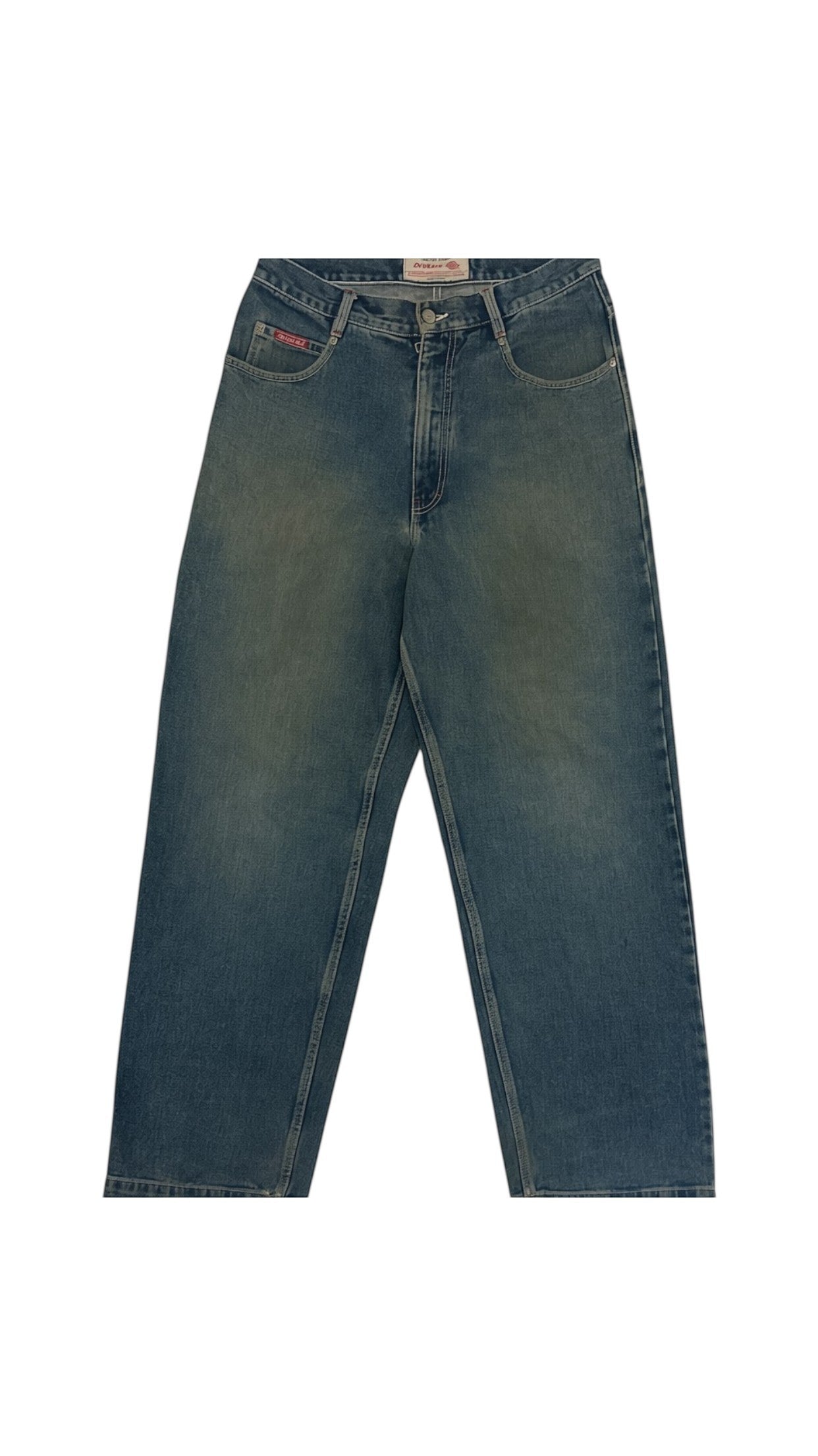 SohoStich Co. mid-wash denim jeans with relaxed fit and embroidered red logo on back pocket. Distressed hem.