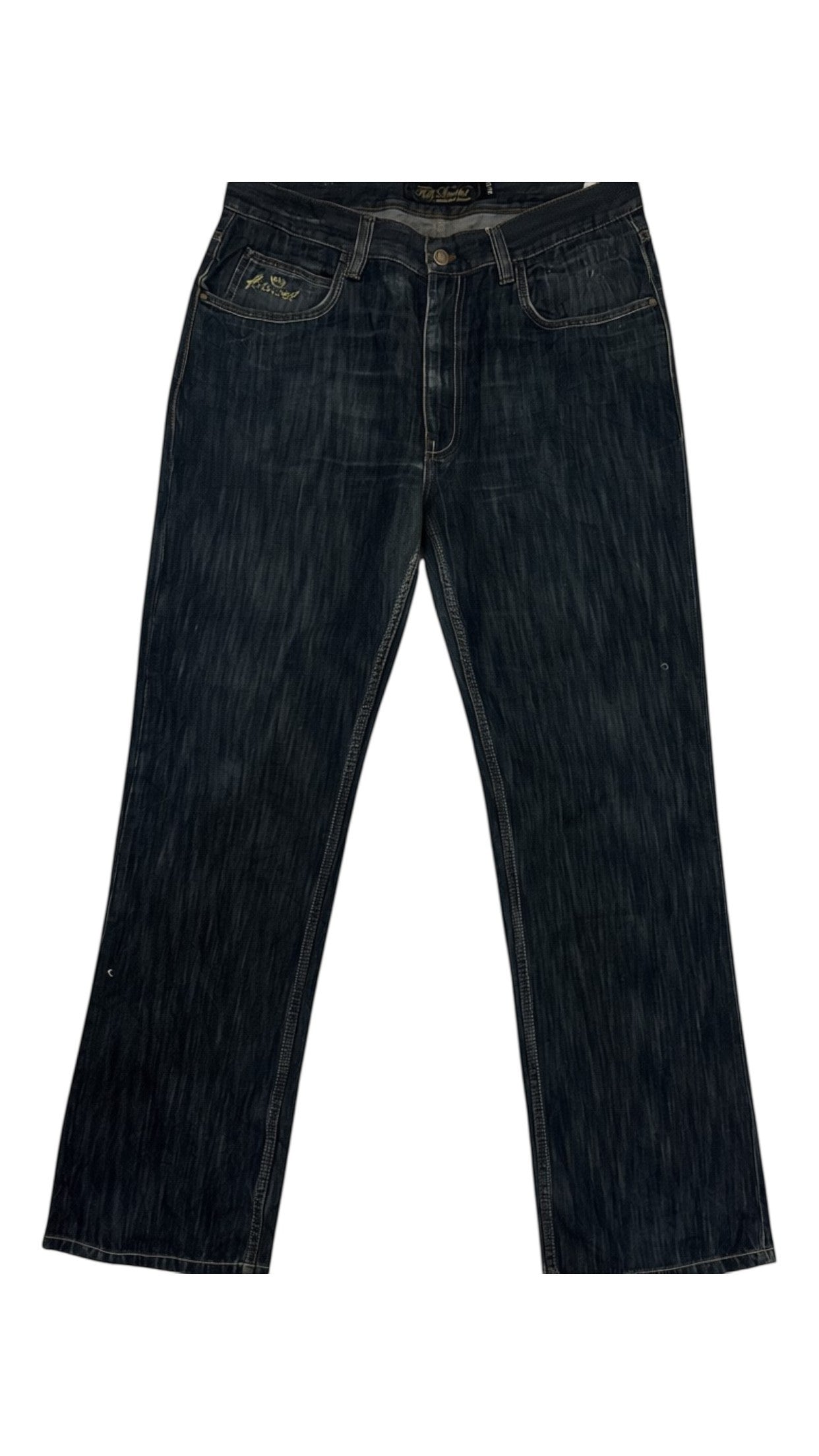 SohoStich Co. dark wash denim jeans with embroidered gold pocket detail and straight-leg silhouette.