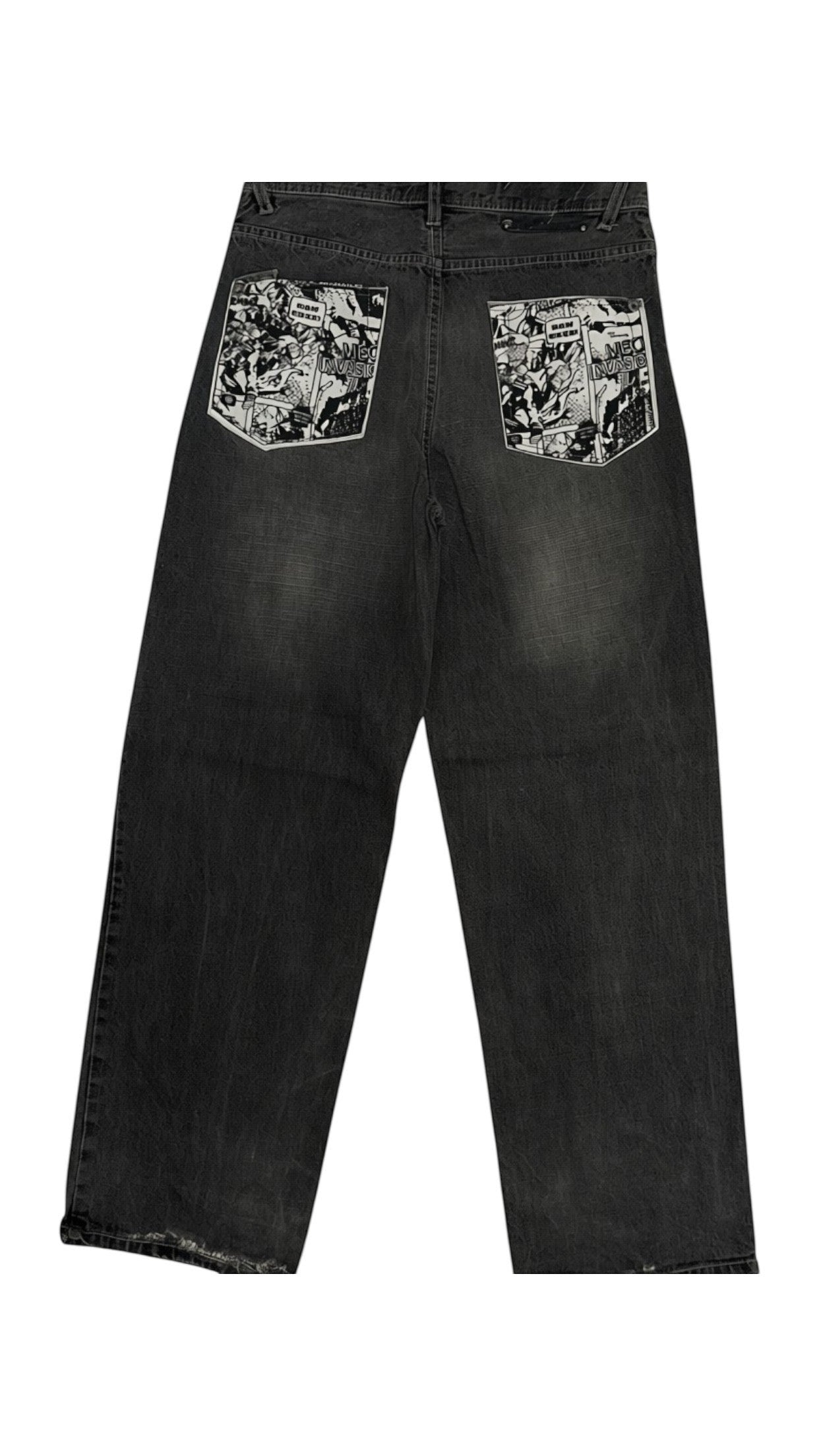 SohoStich Co. washed black denim jeans with graphic print on back pockets and distressed hem. Wide leg fit.