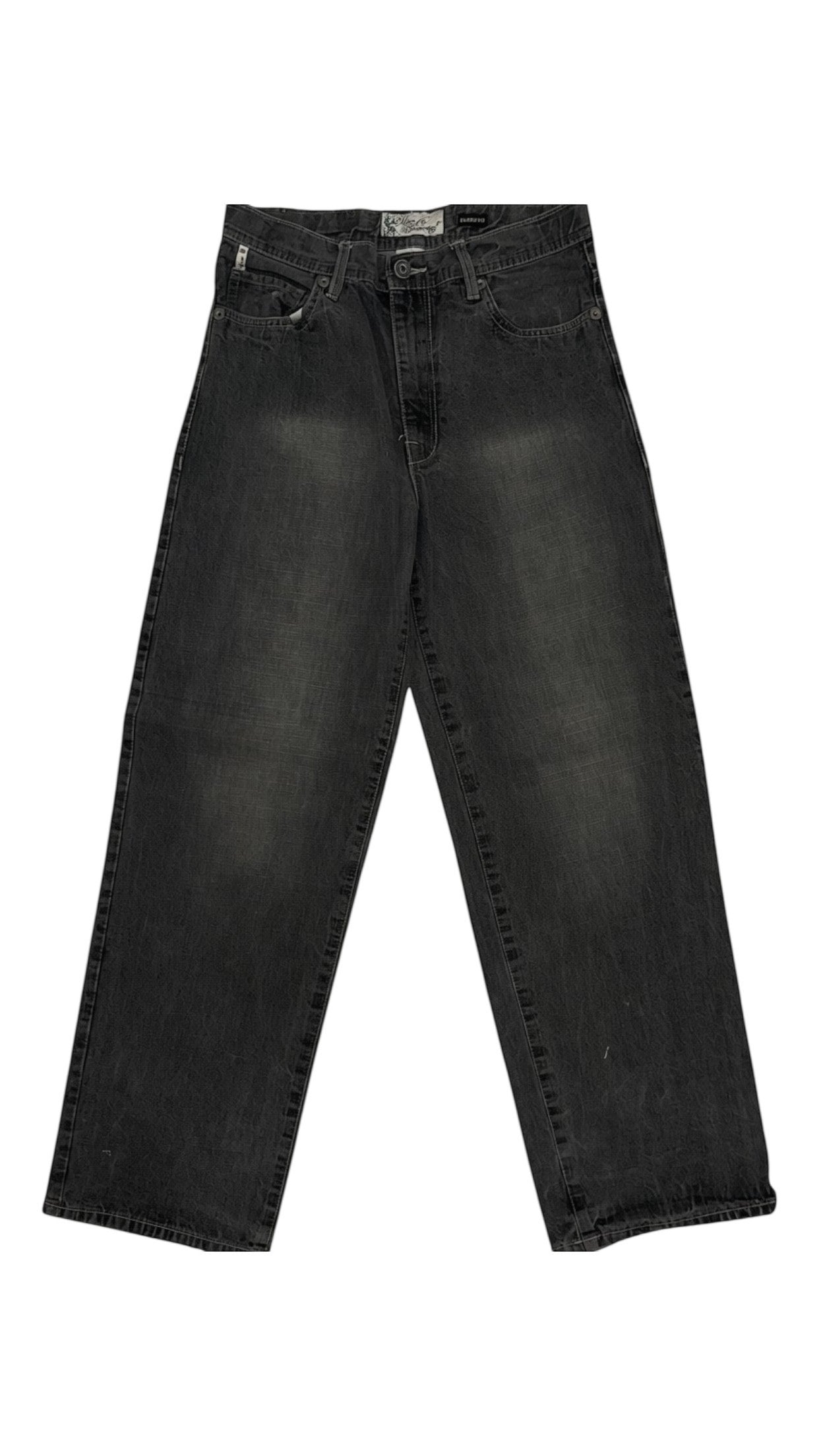 SohoStich Co. washed black denim wide leg jeans with graphic print on back pockets and distressed hem.