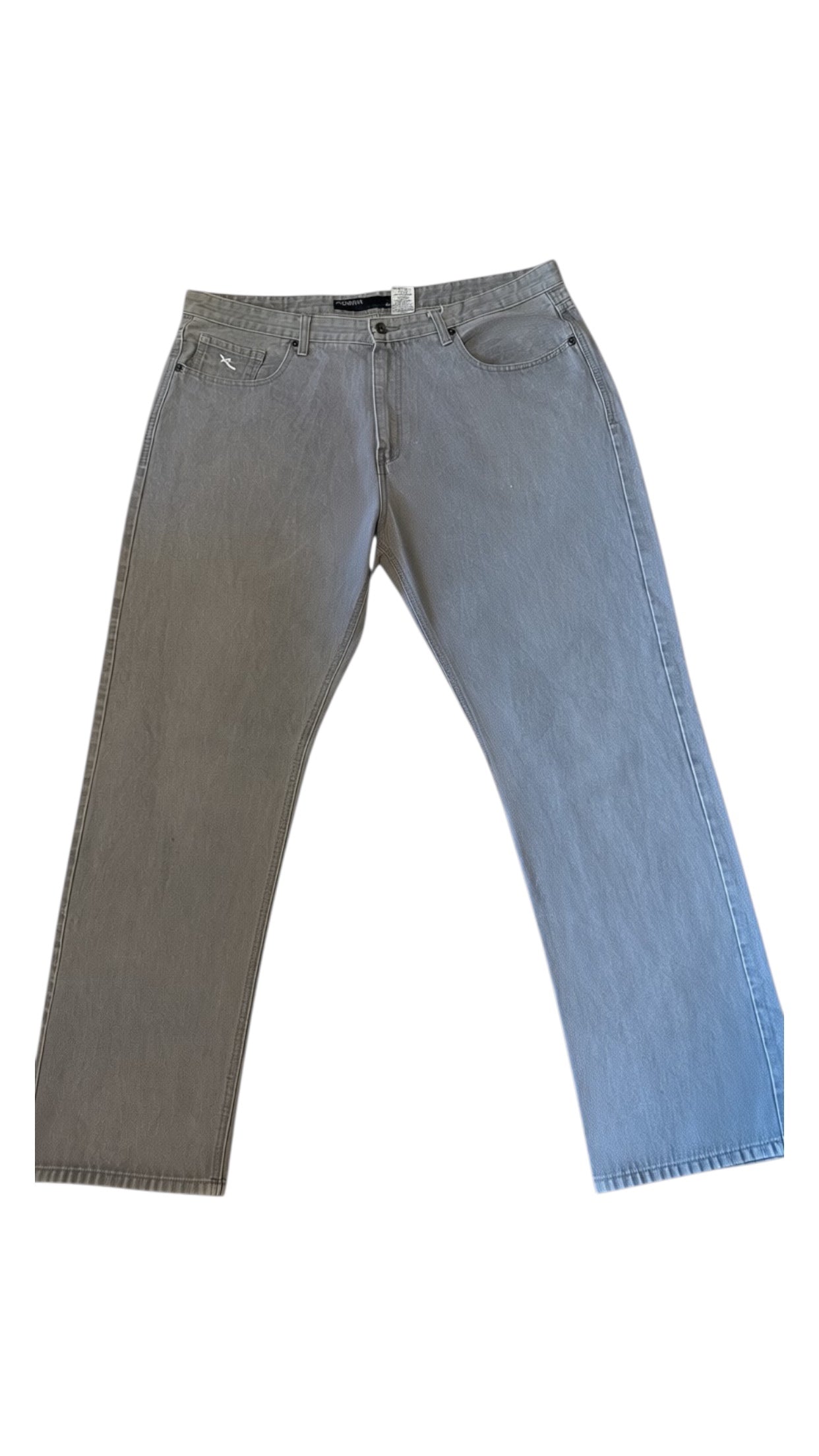 SohoStich Co. grey relaxed fit straight leg denim jeans with split hem and white stitching detail.