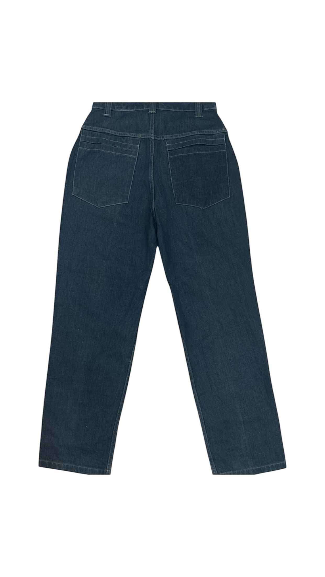 SohoStich Co. Karl Kani dark wash denim jeans with embroidered logo on thigh and relaxed fit.