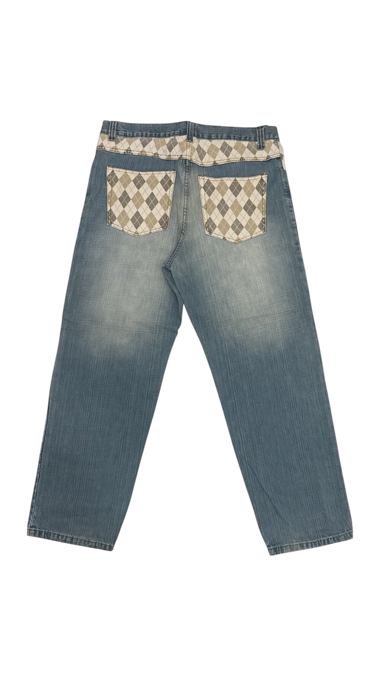 SohoStich Co. light blue wash denim jeans with argyle pattern on back pockets and waistband.