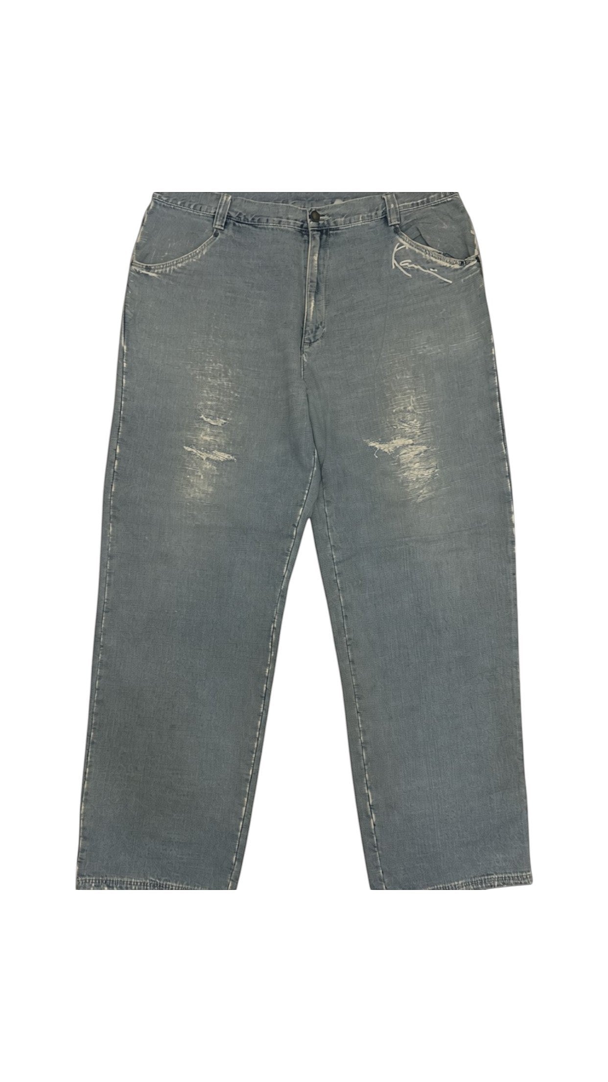 SohoStich Co. light blue distressed denim relaxed fit jeans with five-pocket style.