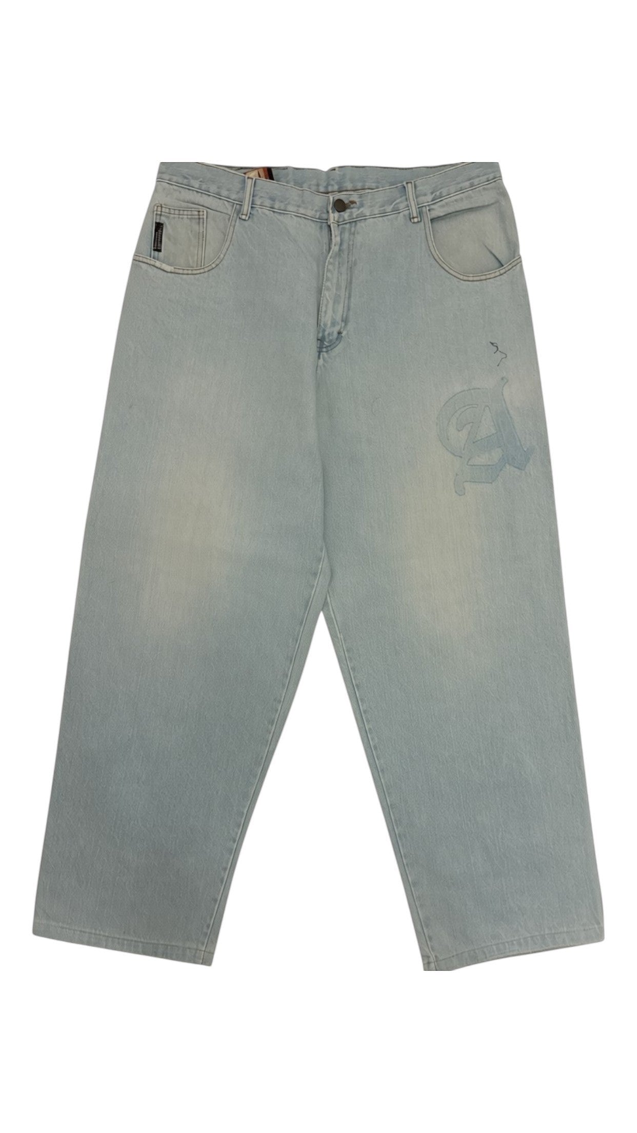 SohoStich Co. light wash baggy denim jeans with embroidered logo on thigh. Relaxed fit, 5-pocket style, cotton denim.