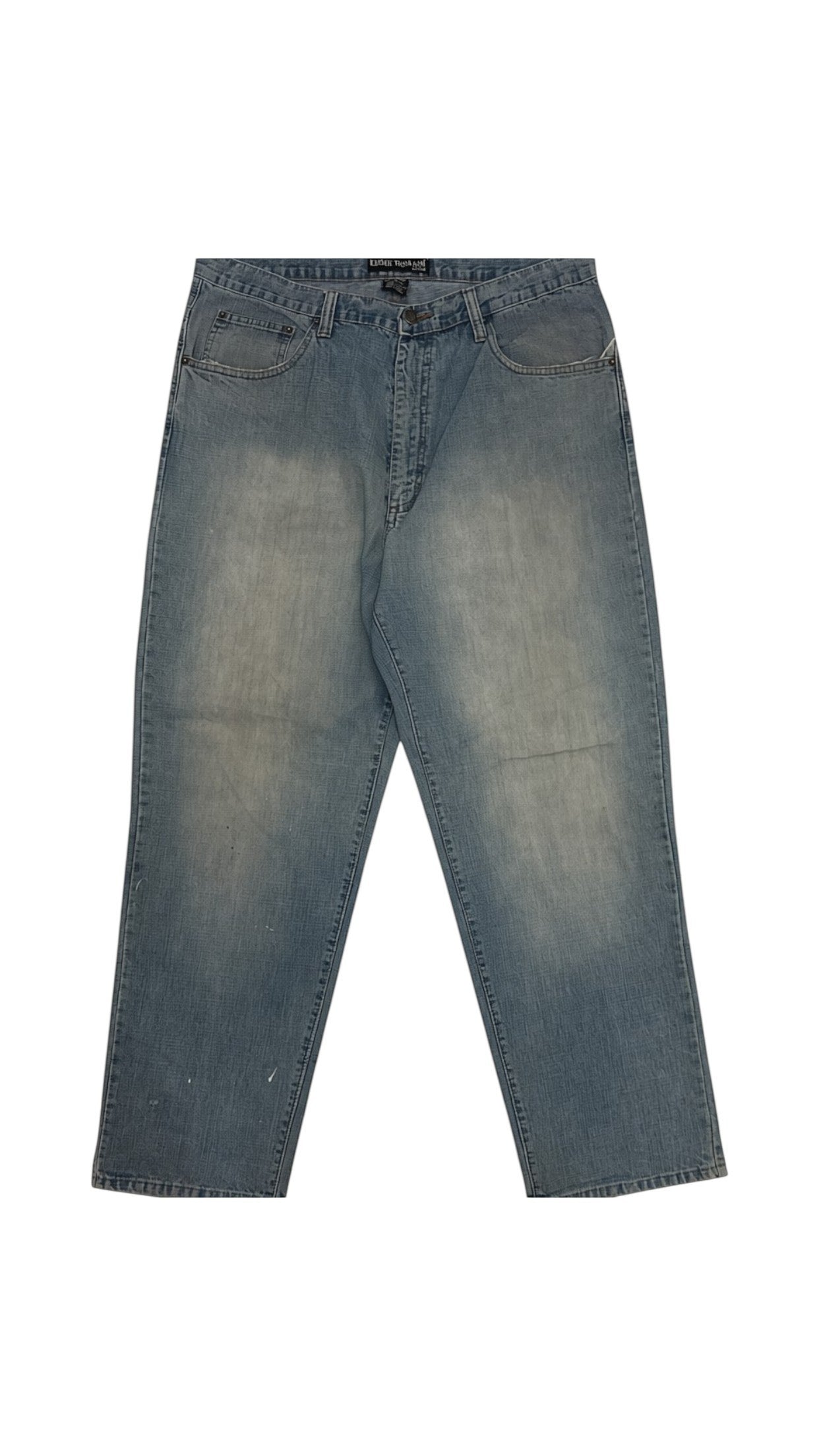 SohoStich Co. light wash denim cargo pants with a relaxed fit and five-pocket design.