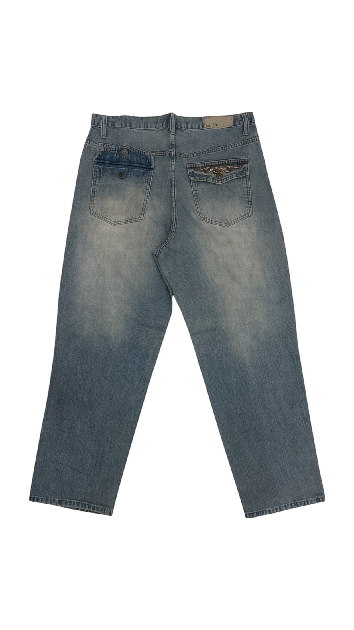 SohoStich Co. light wash denim cargo pants with relaxed fit and flap back pockets.