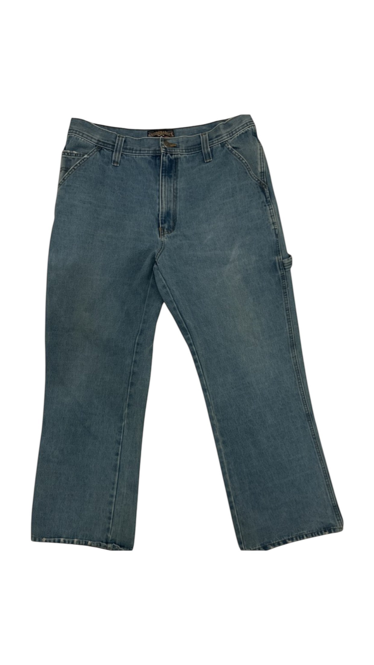 SohoStich Co. light wash denim carpenter pants with relaxed fit and multiple utility pockets.