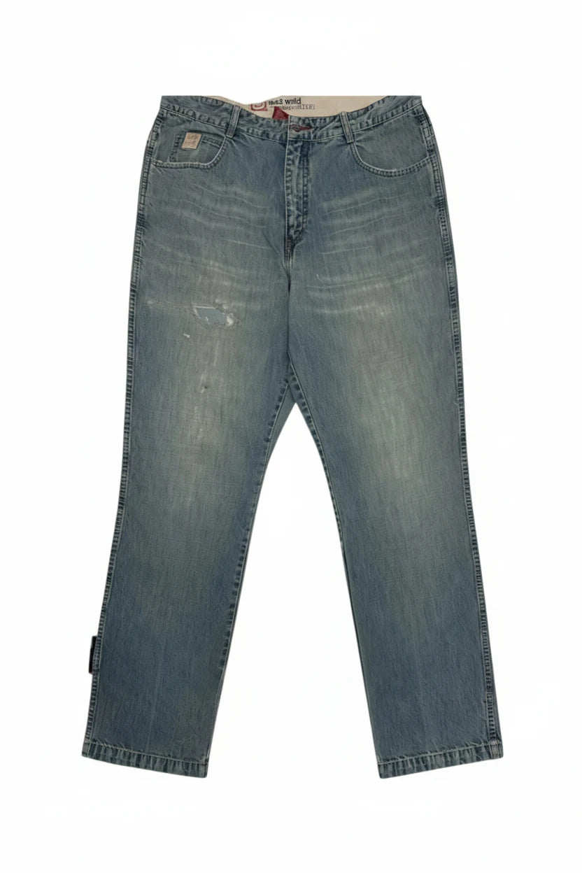 SohoStich Co. light wash denim jeans with a relaxed fit, five-pocket design, and distressed details.