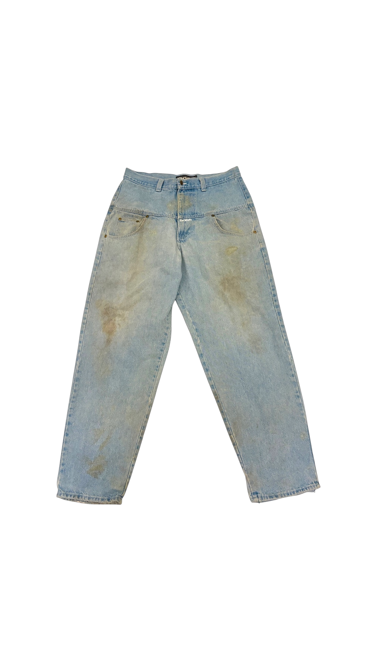 SohoStich Co. light wash denim jeans with relaxed fit, distressed detailing, and graphic detail on back pocket.