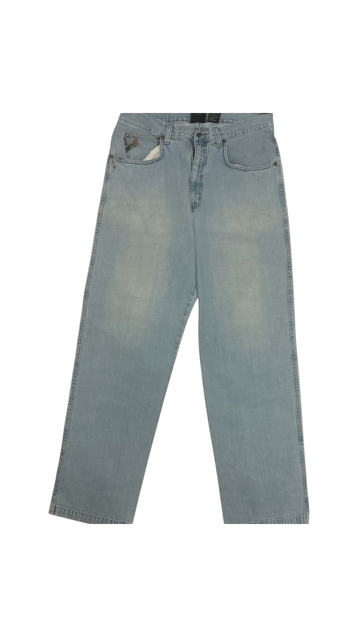 SohoStich Co. Light wash relaxed fit denim jeans with unique pocket detailing and subtle distressing.