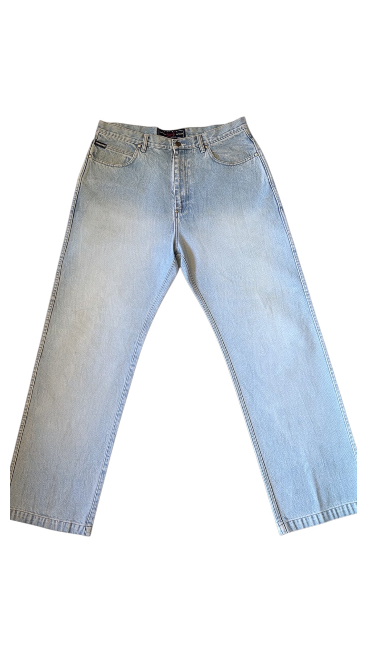 SohoStich Co. light wash relaxed fit denim jeans with a baggy silhouette and five-pocket design.