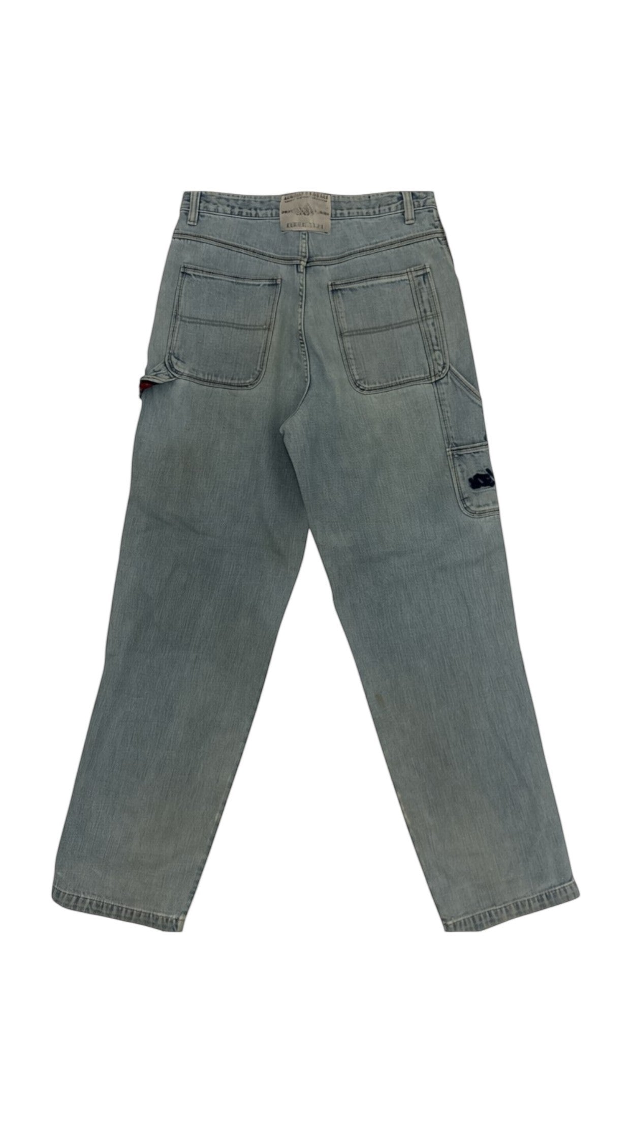 SohoStich Co. light wash relaxed fit denim jeans with five-pocket design and utility loop.