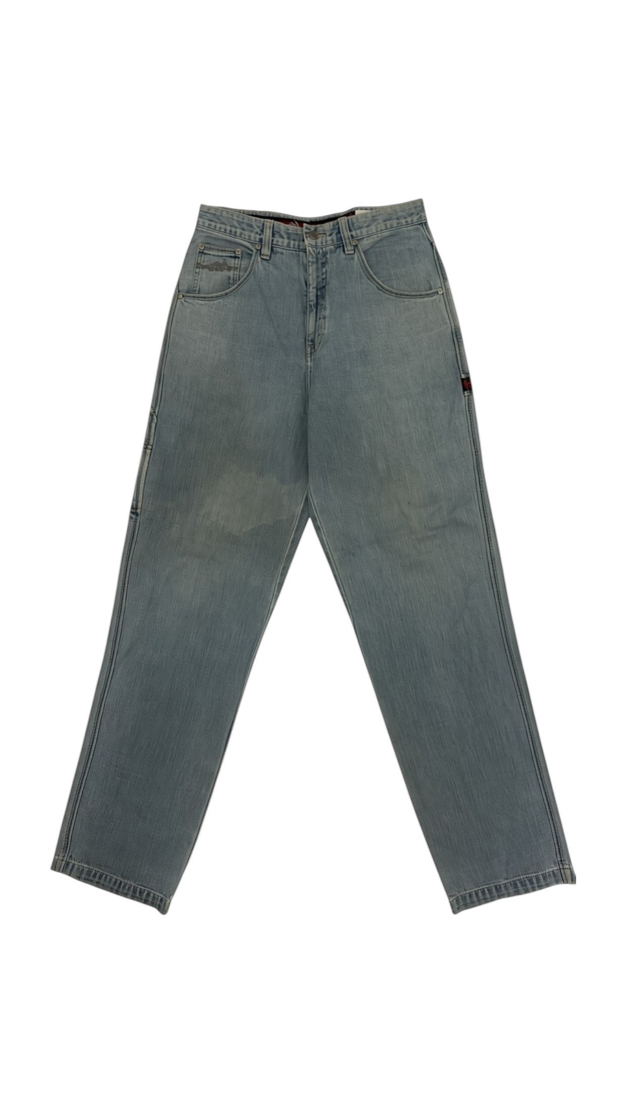 SohoStich Co. light wash relaxed fit denim jeans with five-pocket design.
