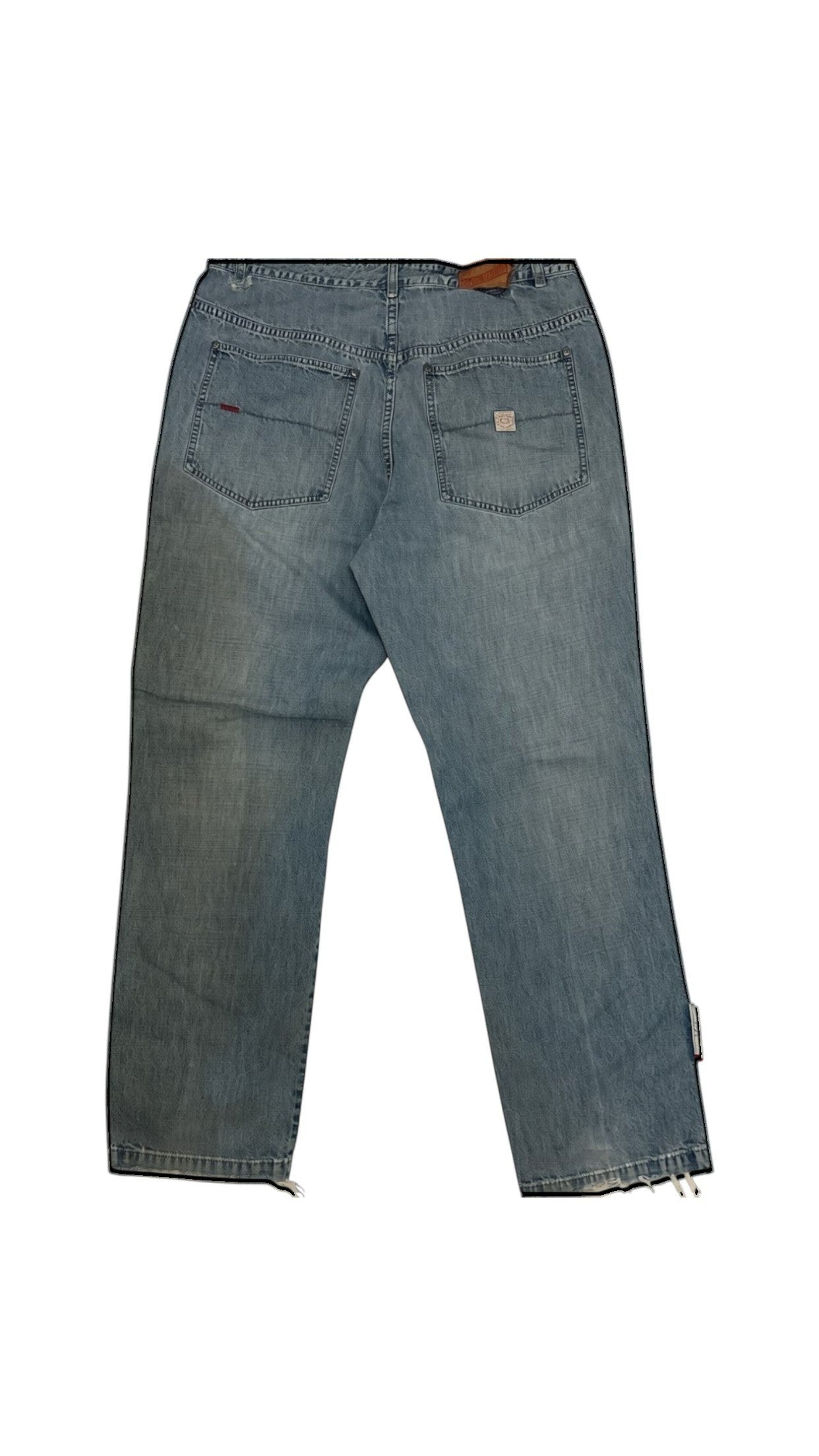 SohoStich Co. light wash straight leg denim jeans with five-pocket design and distressed hem.