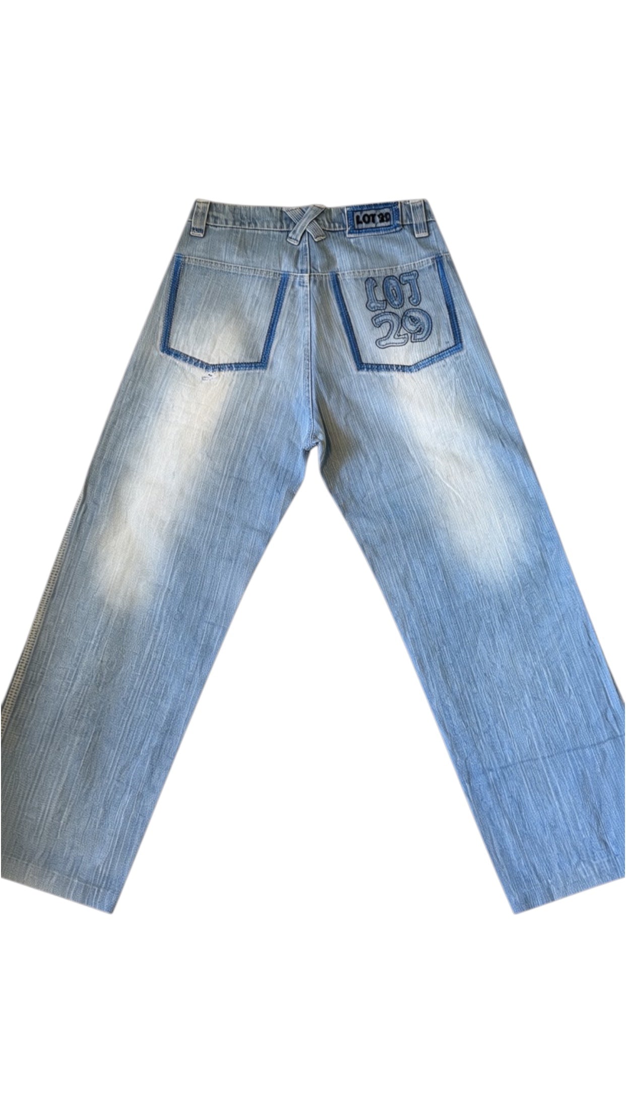 SohoStich Co. Lot 29 baggy light wash denim jeans with embroidered logo on back pocket.