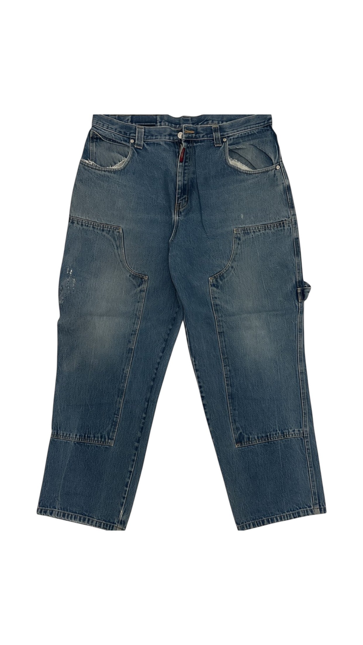 SohoStich Co. Men's relaxed fit blue denim carpenter jeans with side loop and pocket, classic two-pocket back, and reinforced stitching.