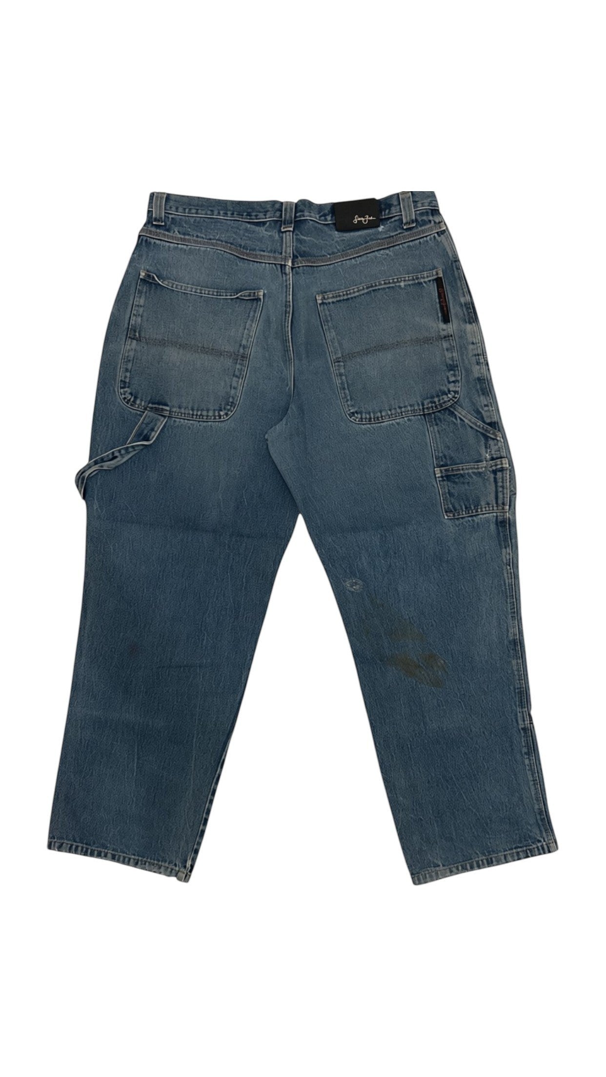 SohoStich Co. Men's relaxed fit blue denim carpenter jeans with side loop and pocket, back pockets, and reinforced stitching.
