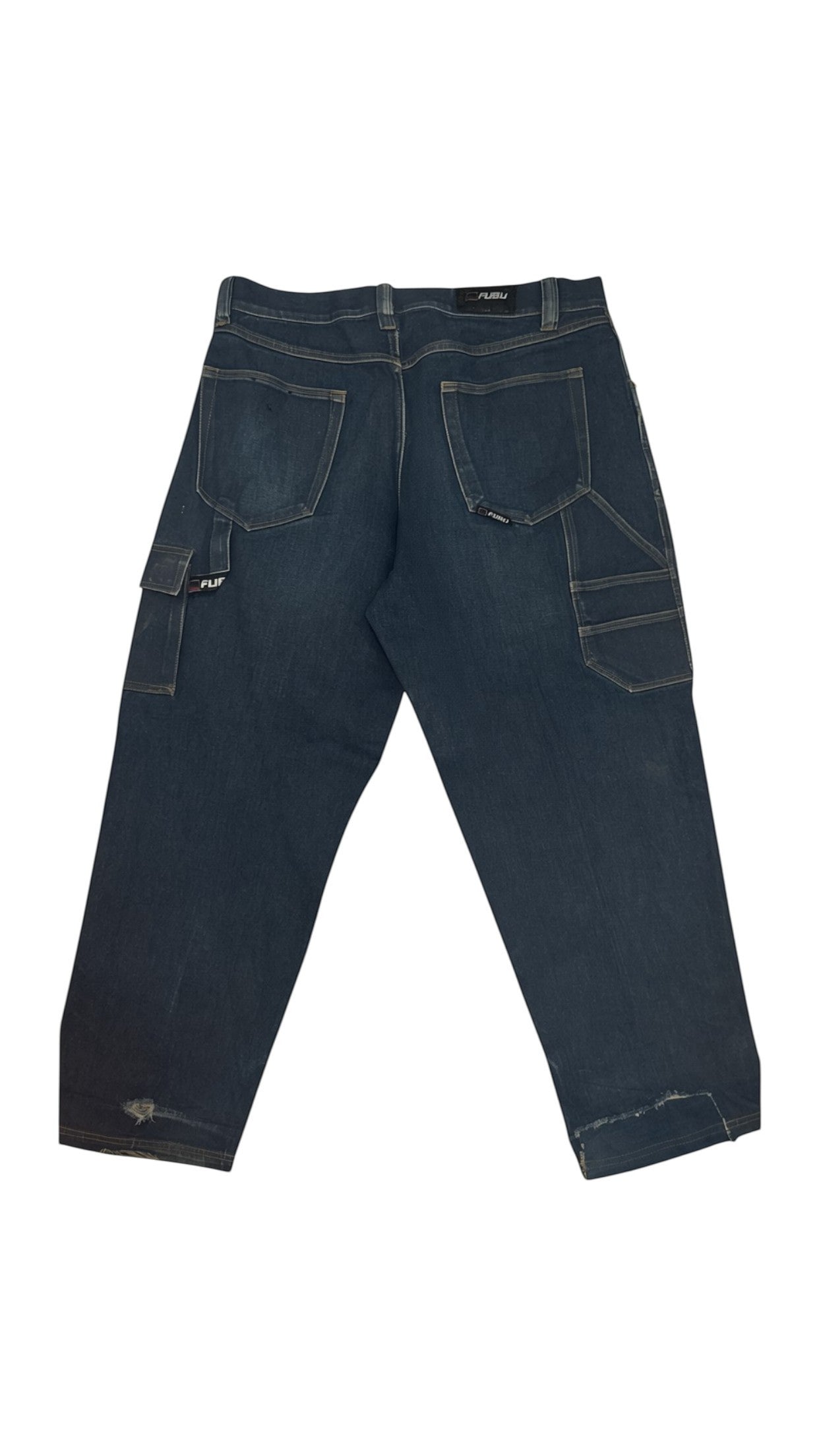 SohoStich Co. Men's relaxed fit dark wash denim cargo jeans with distressed hem and pocket detail.