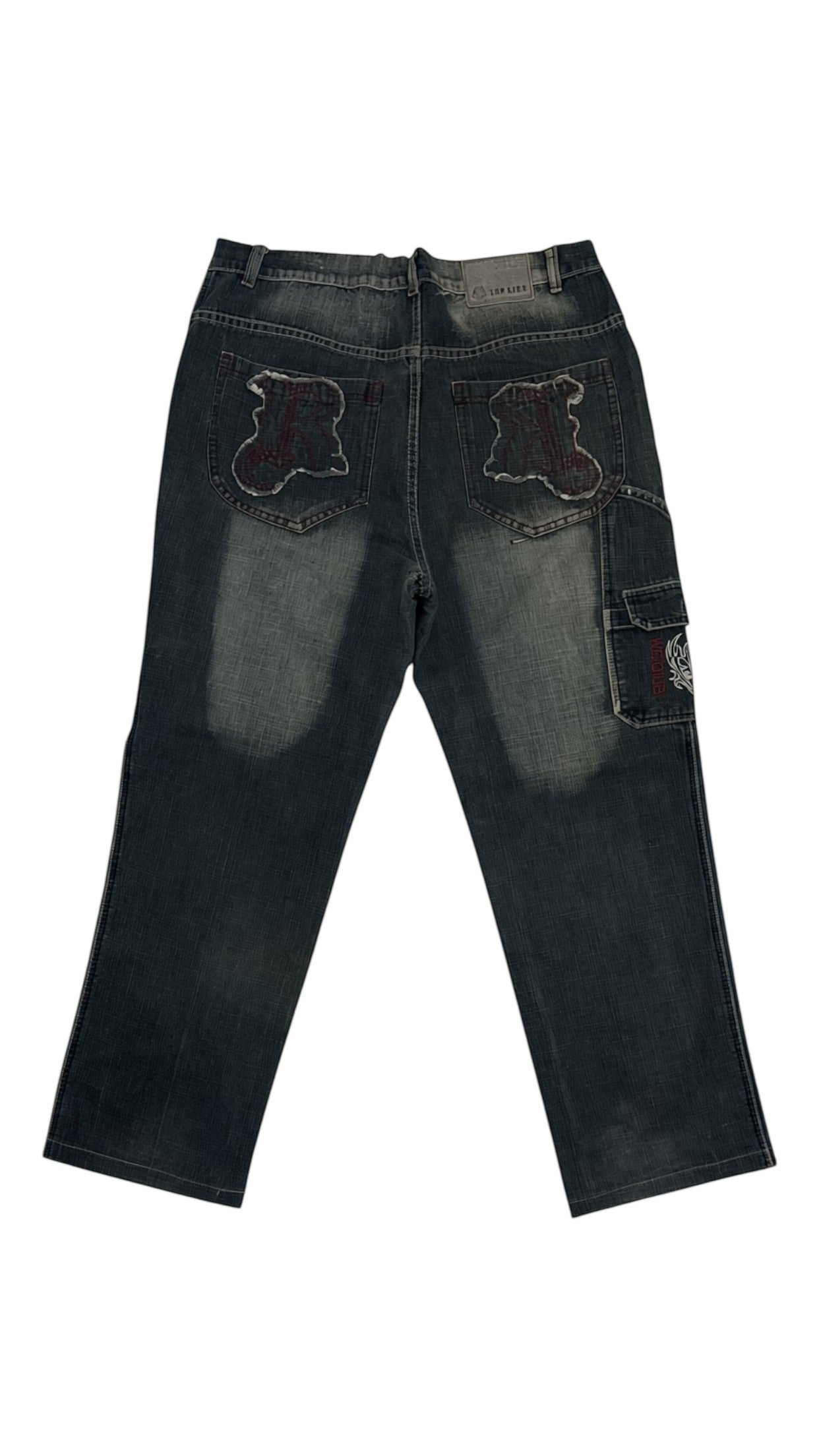 SohoStich Co. Men's relaxed fit dark wash denim cargo jeans with faded details and embroidered back pockets.