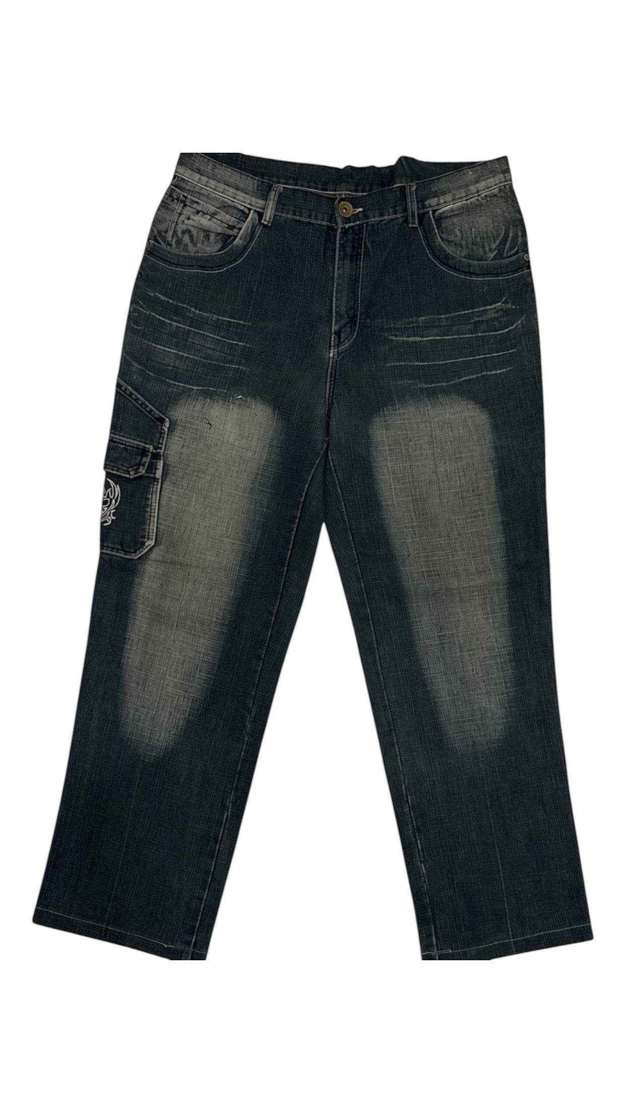 SohoStich Co. Men's relaxed fit dark wash denim cargo jeans with fading and whiskering details.