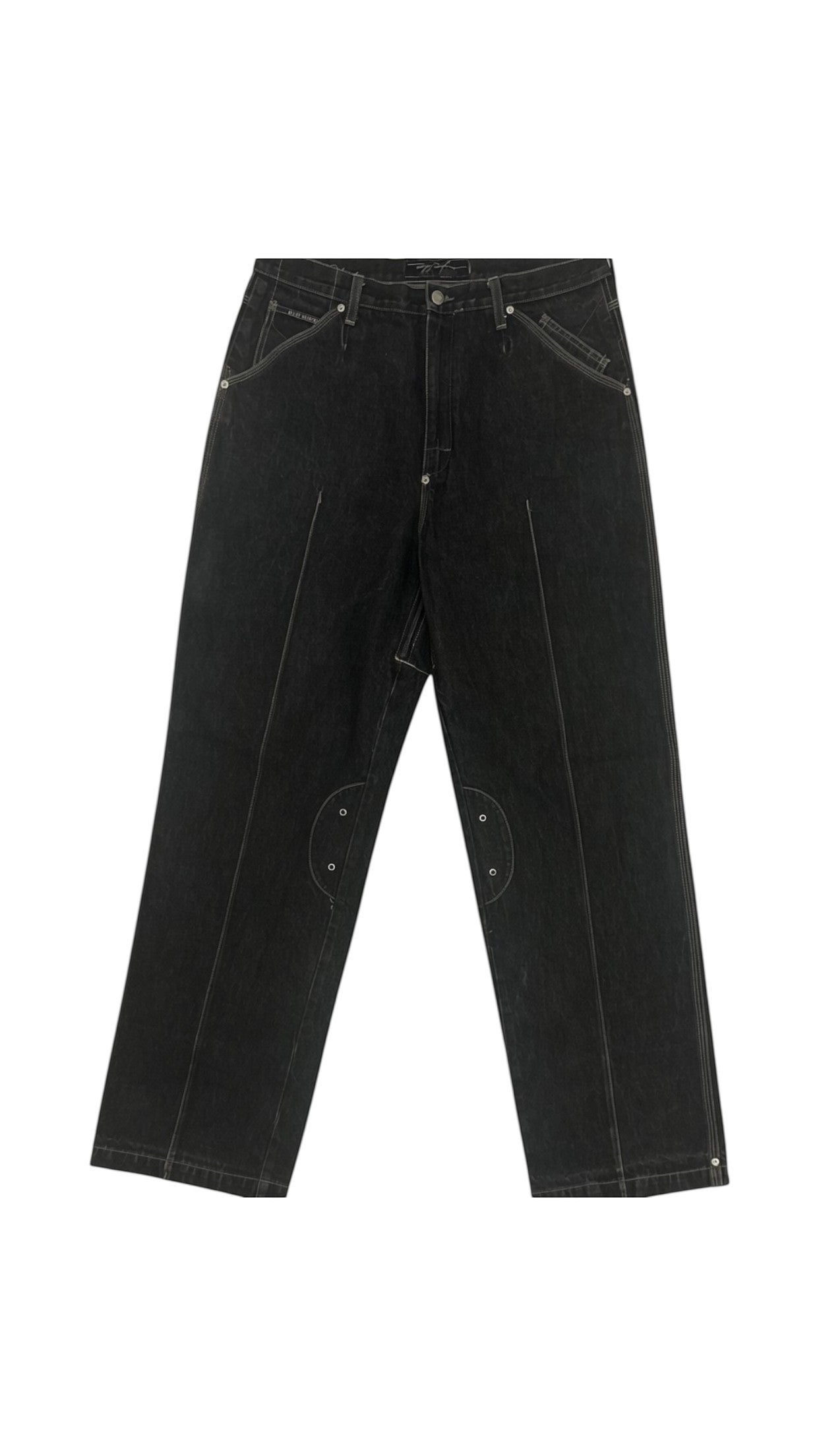 SohoStich Co. Men's dark wash denim carpenter jeans with contrasting stitching and reinforced knees.