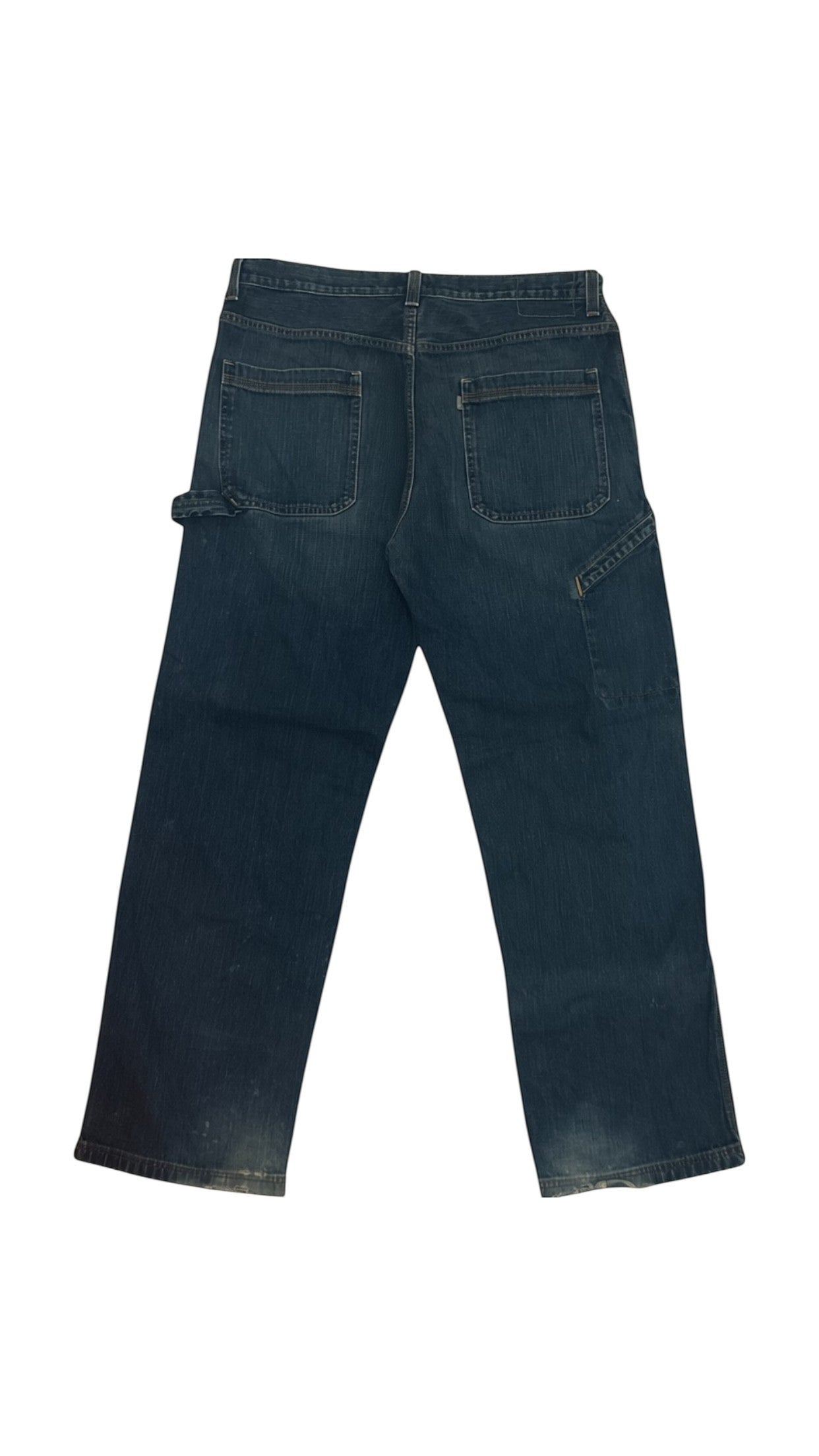 SohoStich Co. Men's dark wash relaxed fit cotton denim carpenter jeans with hammer loop and utility pocket.