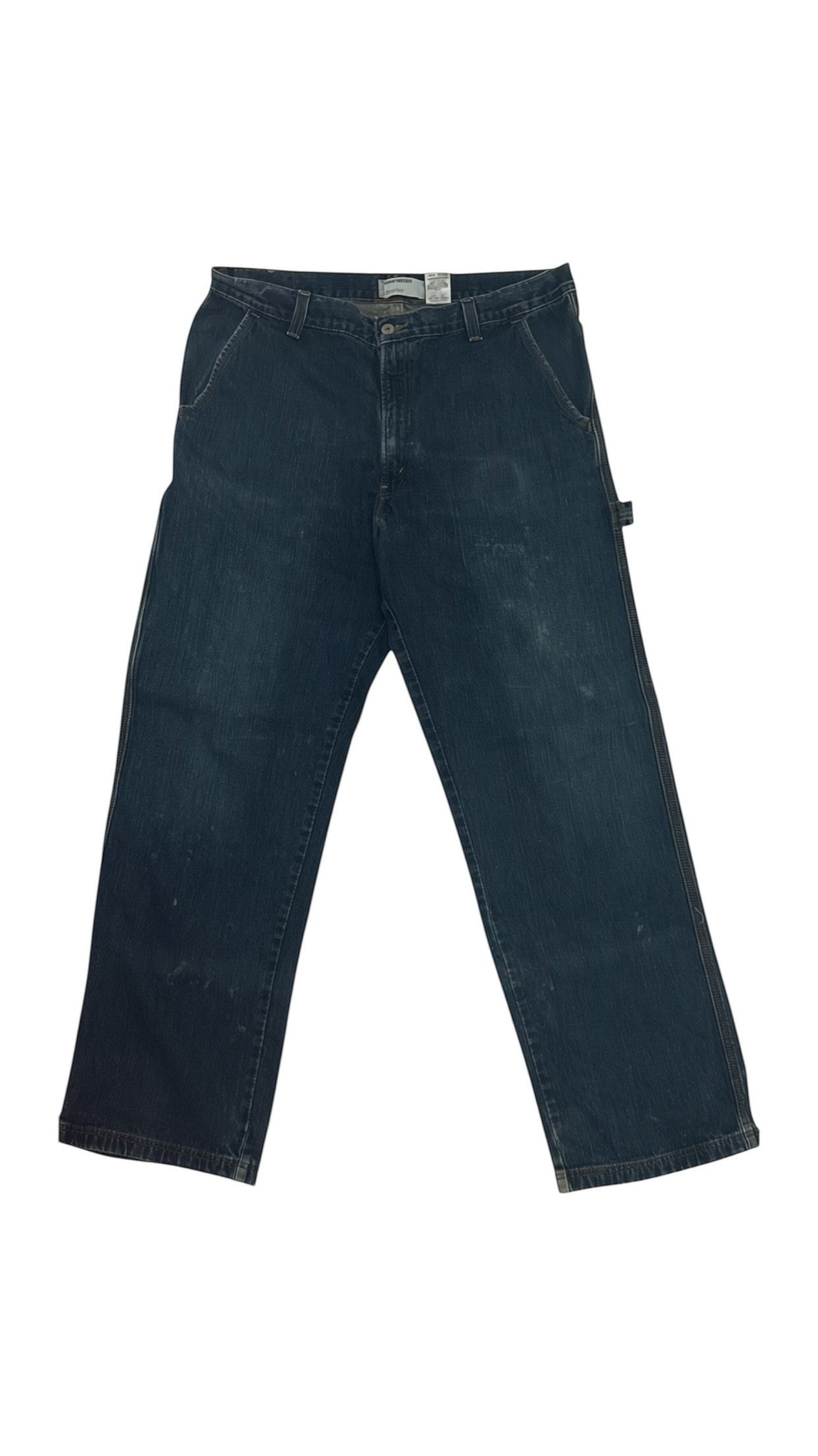 SohoStich Co. Men's dark wash relaxed fit cotton denim carpenter jeans with utility pocket and hammer loop.