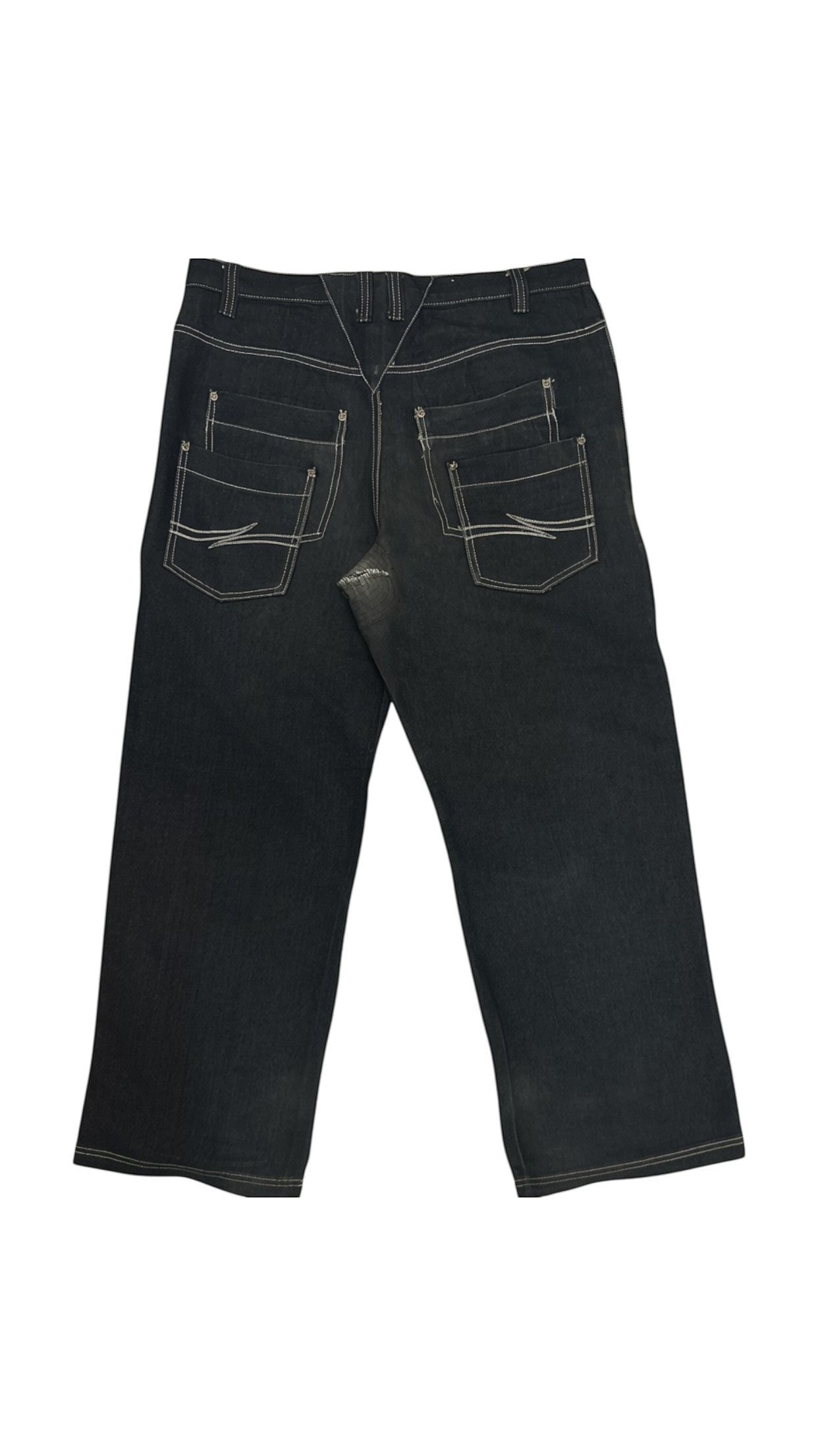 SohoStich Co. Men's relaxed fit dark wash denim jeans with white stitching and five-pocket design.
