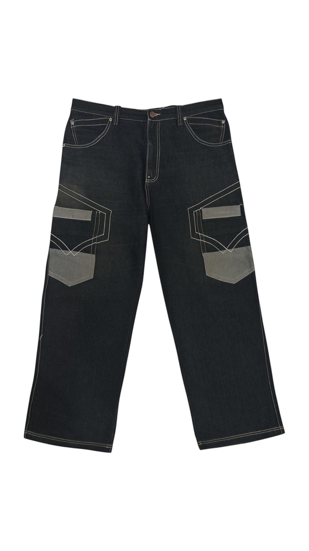 SohoStich Co. Men's relaxed fit dark wash denim jeans with white stitching and grey pocket details.
