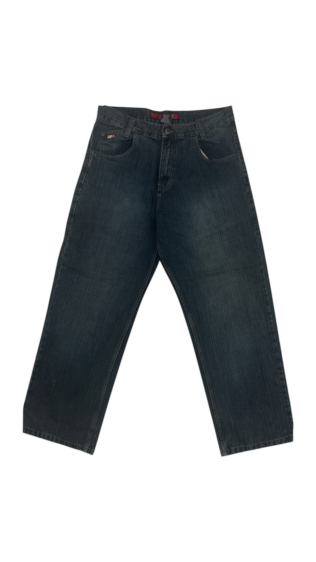 SohoStich Co. Men's relaxed fit dark wash denim jeans with a five-pocket design and zip fly.