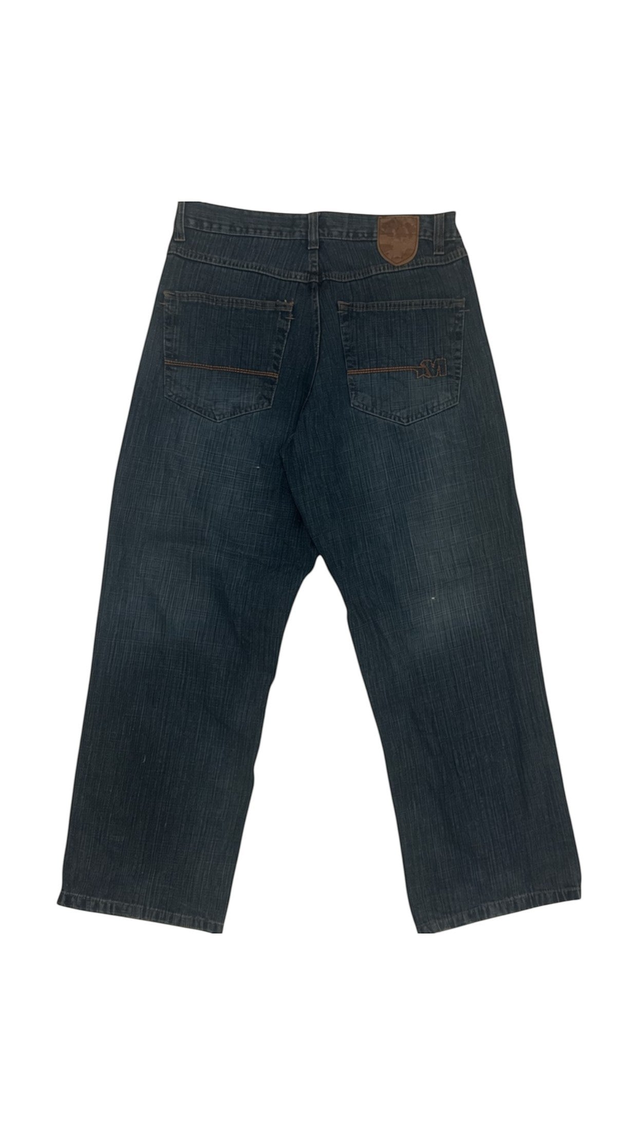 SohoStich Co. Men's dark wash relaxed fit denim jeans with five-pocket design and leather logo patch.
