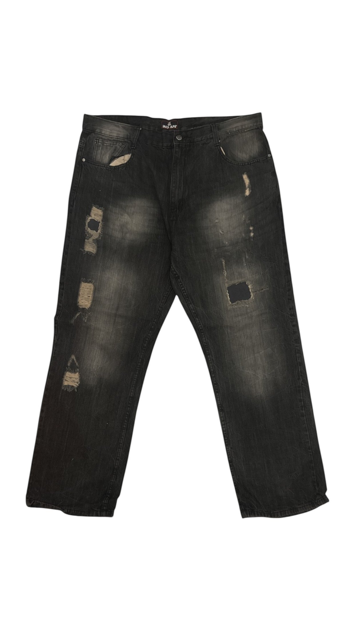 SohoStich Co. Men's charcoal grey distressed denim jeans with embroidered back pockets and a comfortable fit.