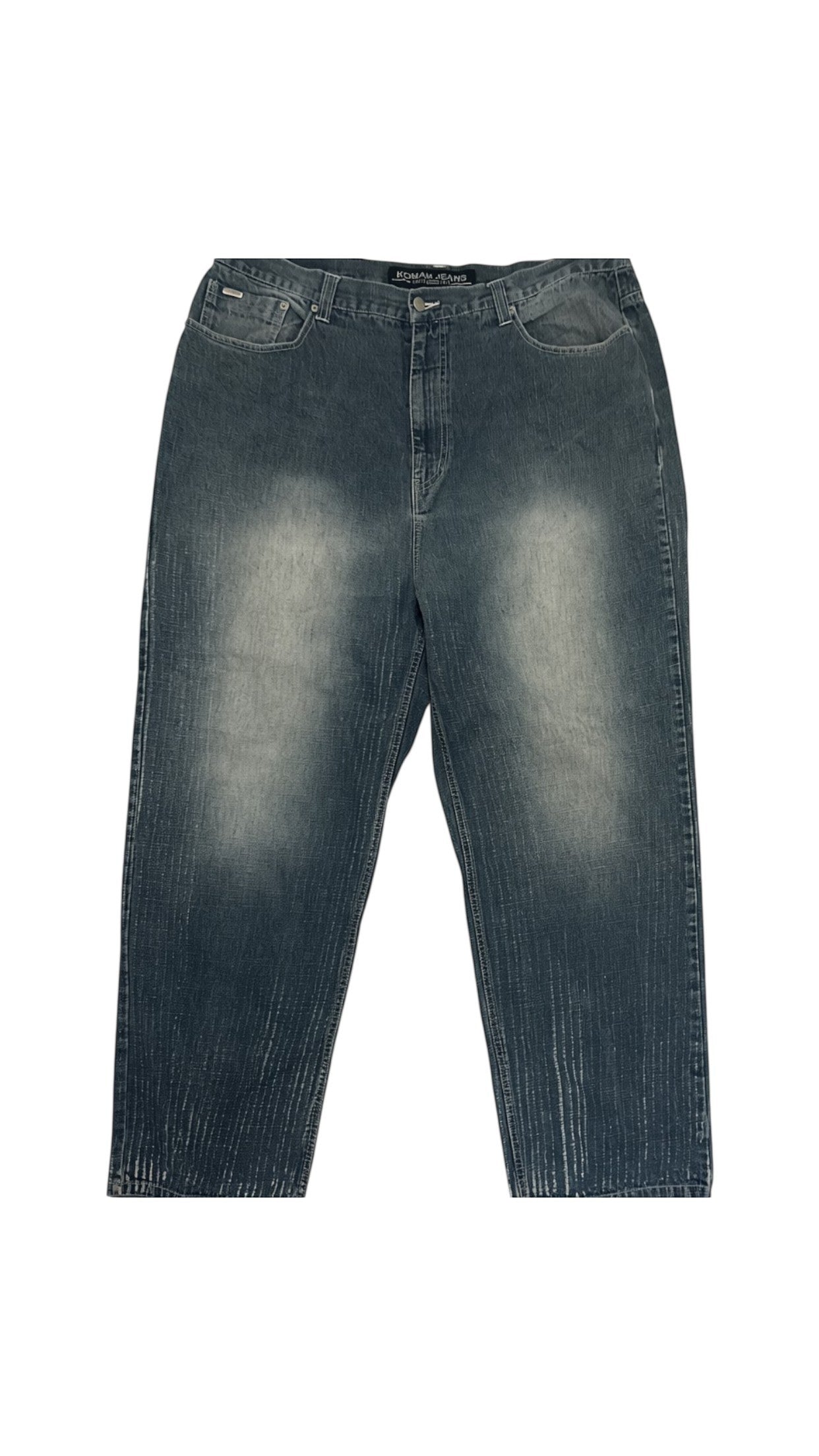 SohoStich Co. Men's blue distressed denim jeans with vertical white textured stripes and five-pocket styling.