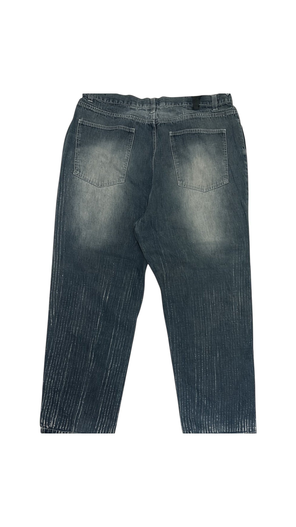 SohoStich Co. Men's distressed blue denim jeans with vertical white textured stripes and five-pocket styling.