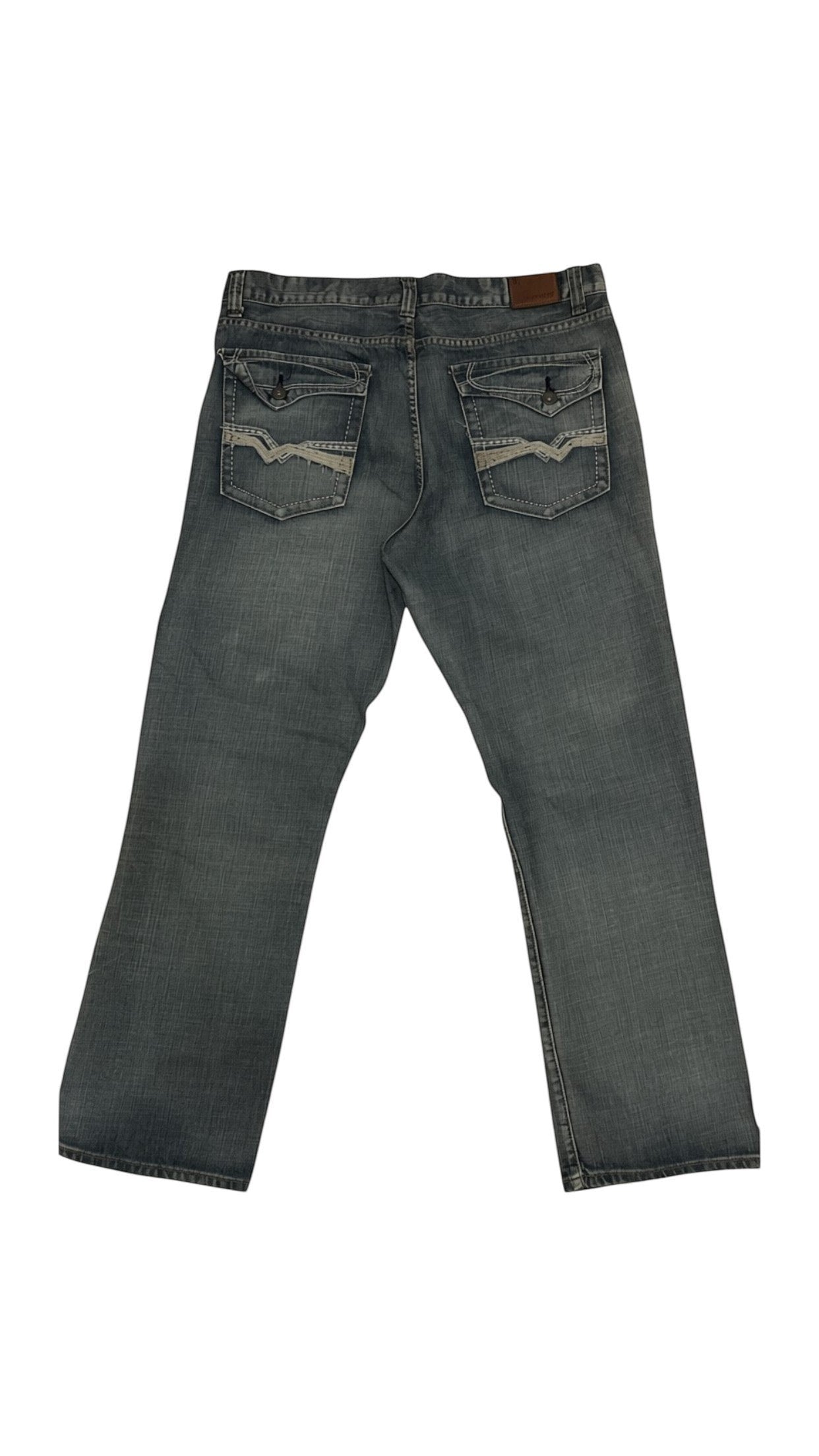 SohoStich Co. men's relaxed fit blue denim jeans with V-stitching and contrasting inlay on back pockets.