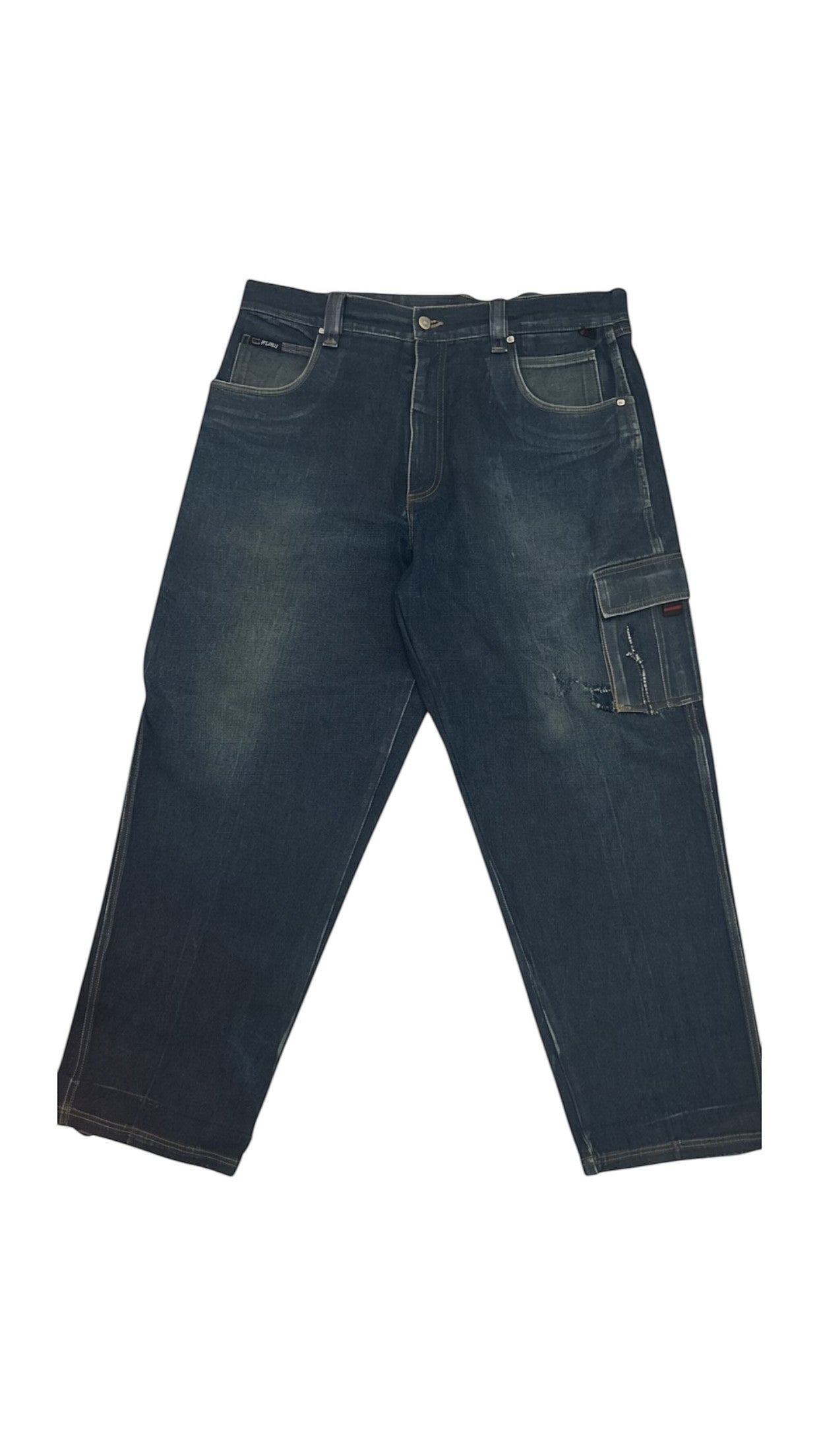 SohoStich Co. Men's dark wash relaxed fit denim cargo jeans with fading and whiskering. Features a flap cargo pocket on the right leg with distressed detail.