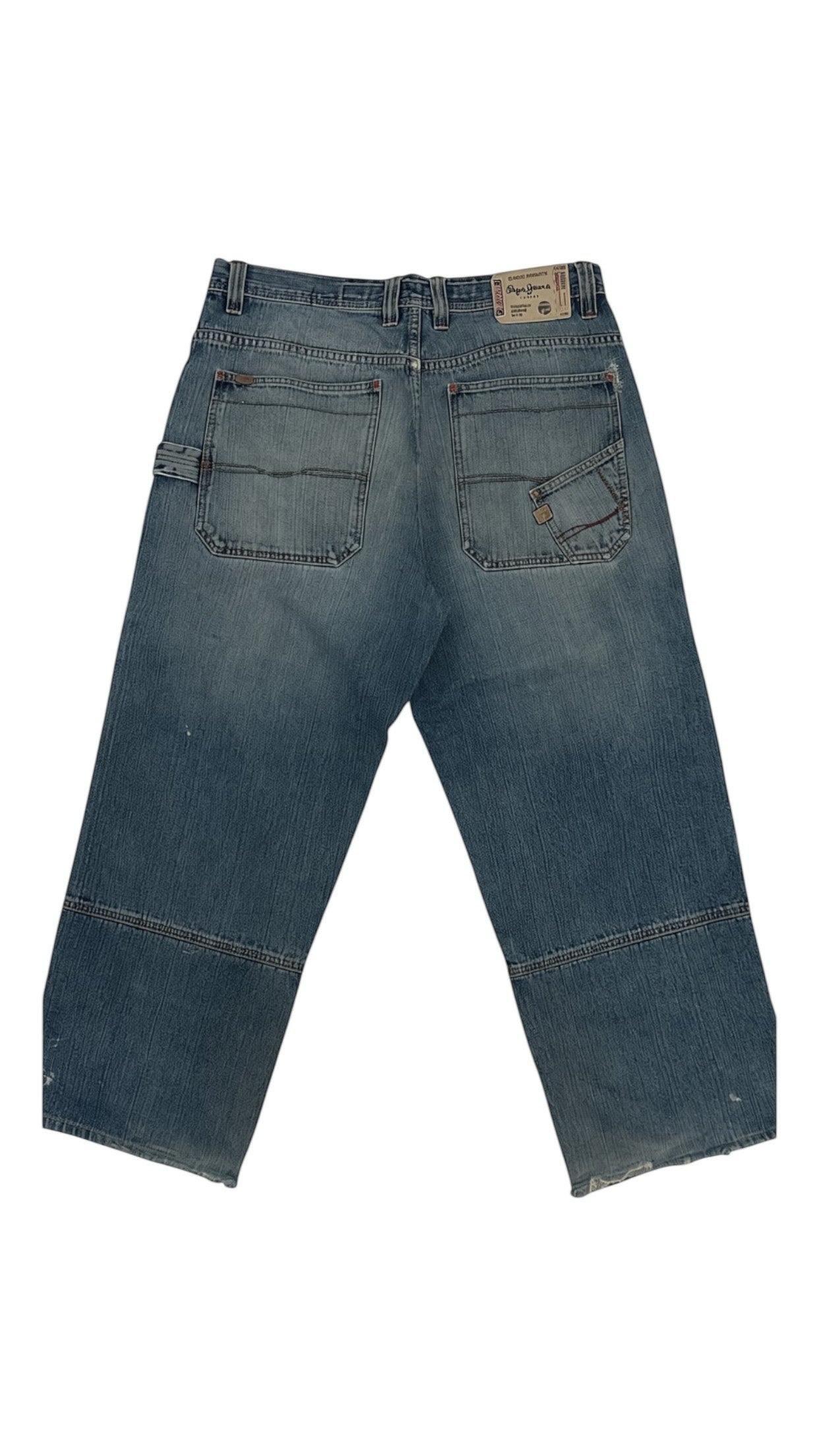 SohoStich Co. Men's relaxed fit light wash denim carpenter jeans with five-pocket style and utility pocket.
