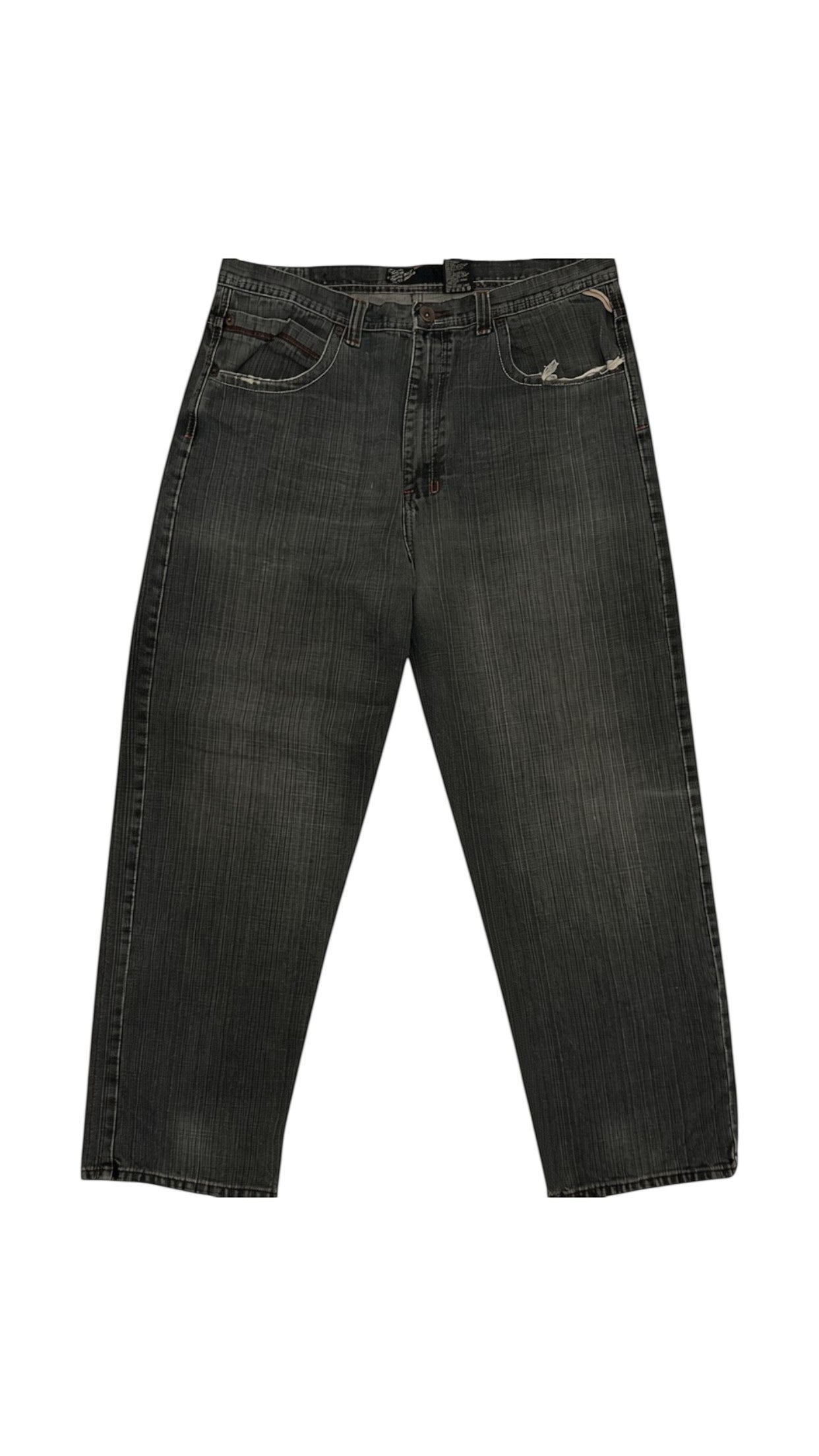 SohoStich Co. Men's relaxed fit dark wash denim jeans with five-pocket design and distressed details.