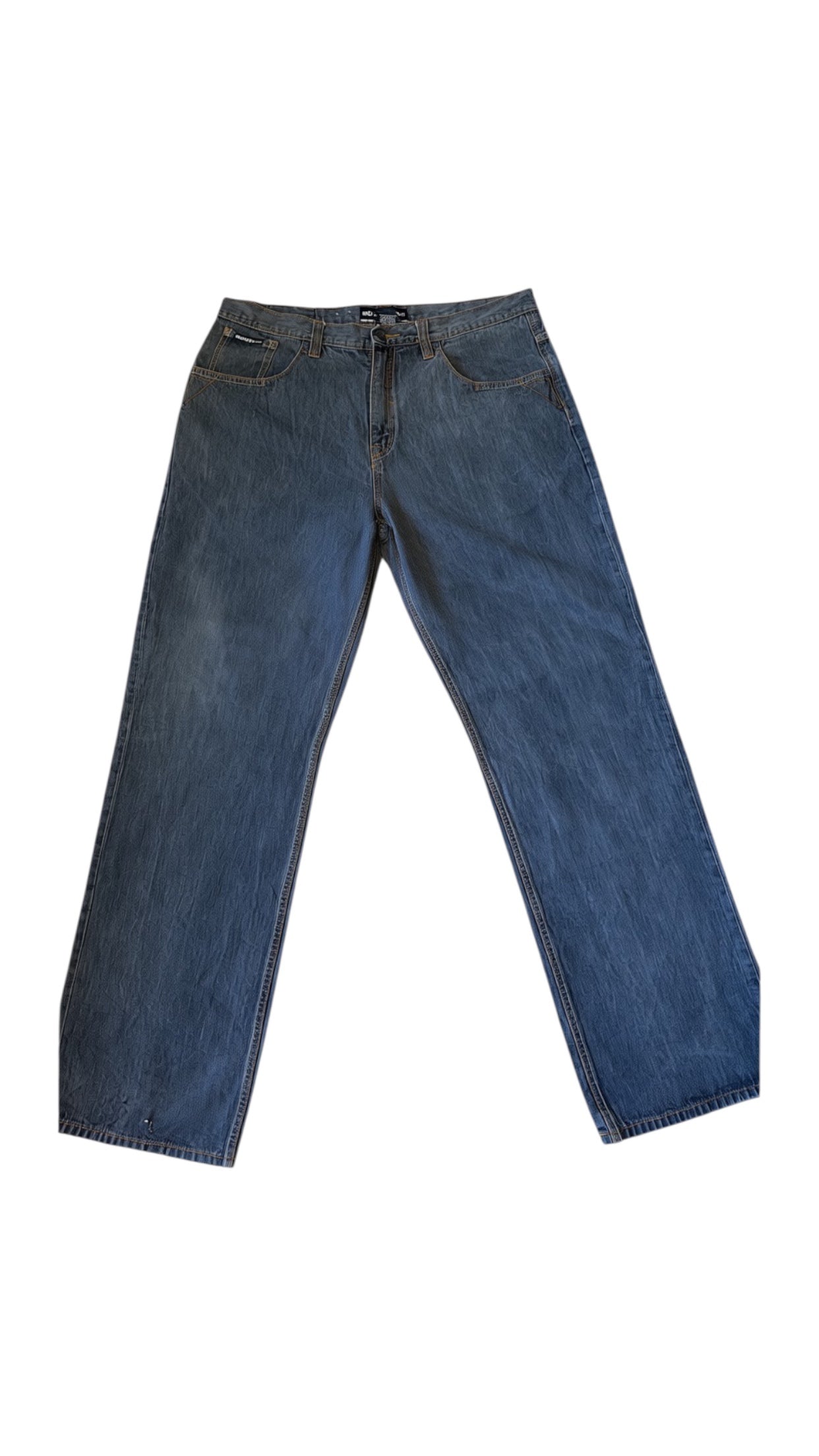 SohoStich Co. Men's relaxed fit, mid-wash denim jeans with a straight leg and five-pocket construction.
