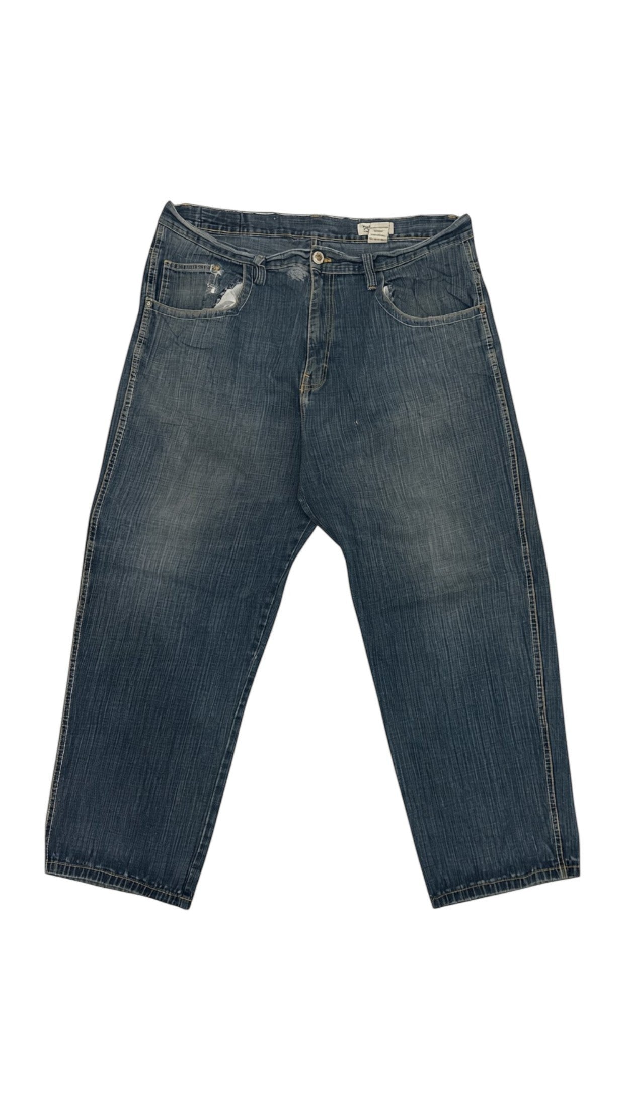 SohoStich Co. Men's relaxed fit medium wash denim jeans with five-pocket style and distressed detail.