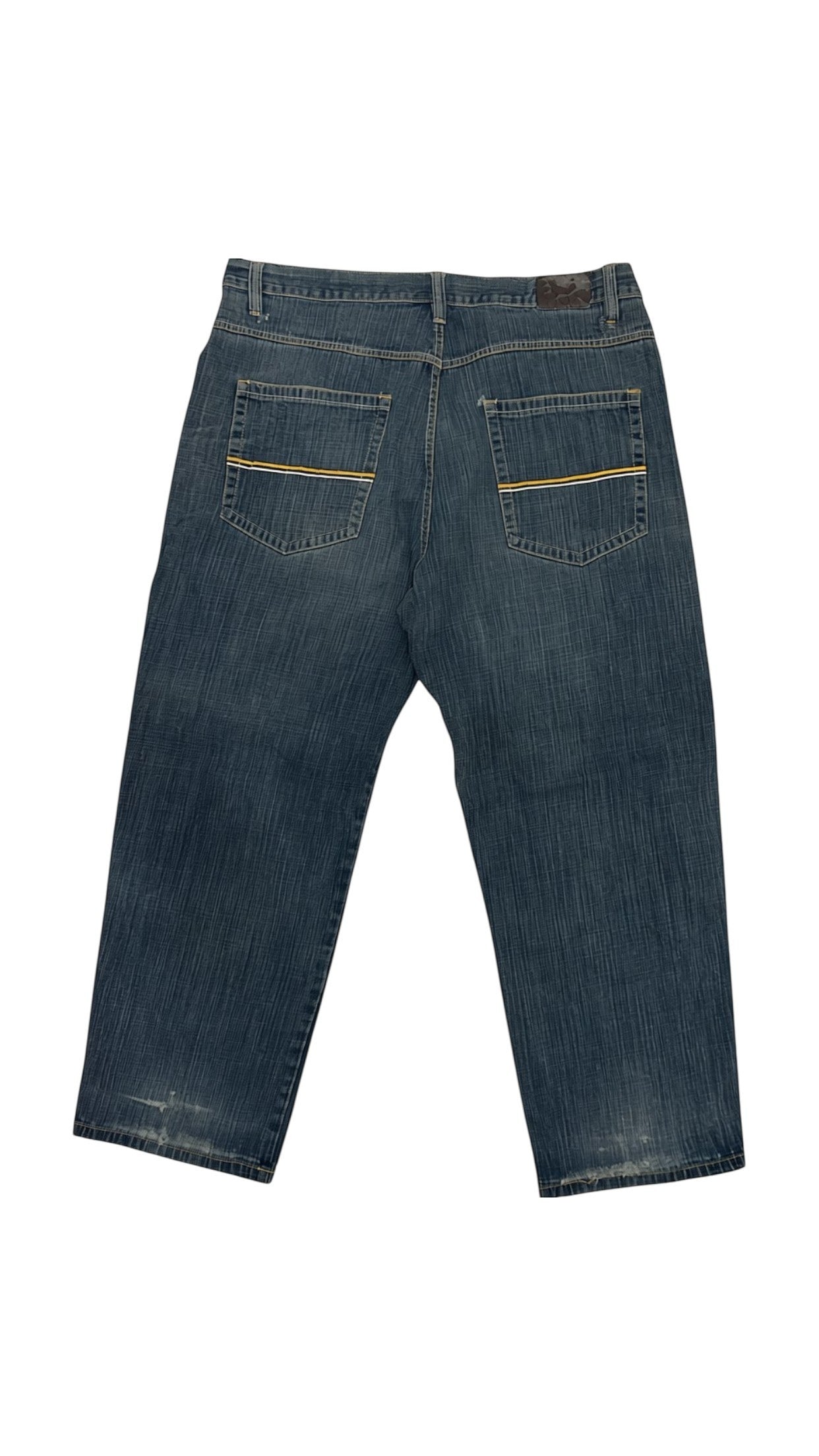 SohoStich Co. Men's relaxed fit medium wash denim jeans with five-pocket style and distressed hem.