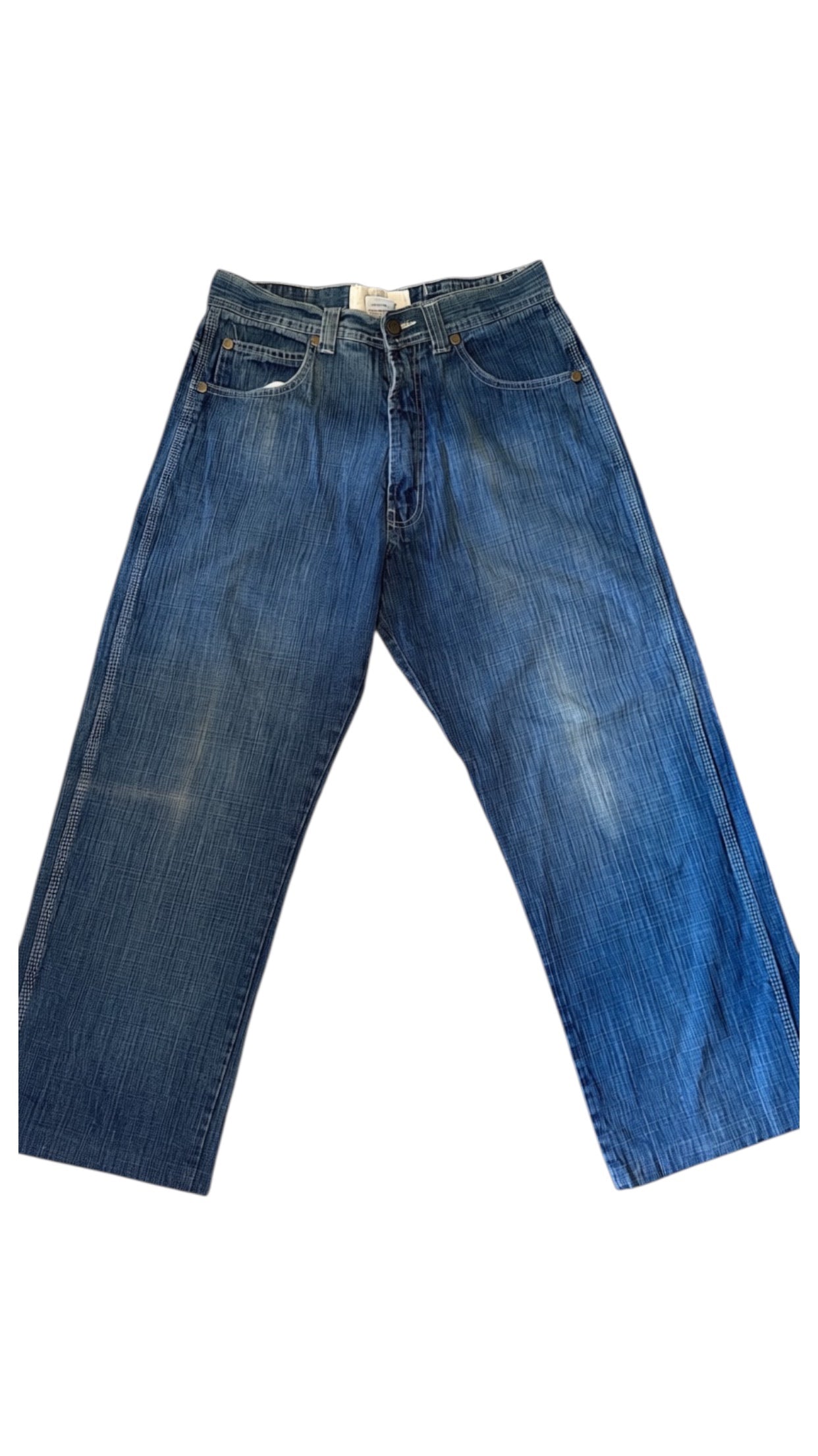 SohoStich Co. Men's relaxed fit medium-wash blue denim jeans with five-pocket design and faded details.
