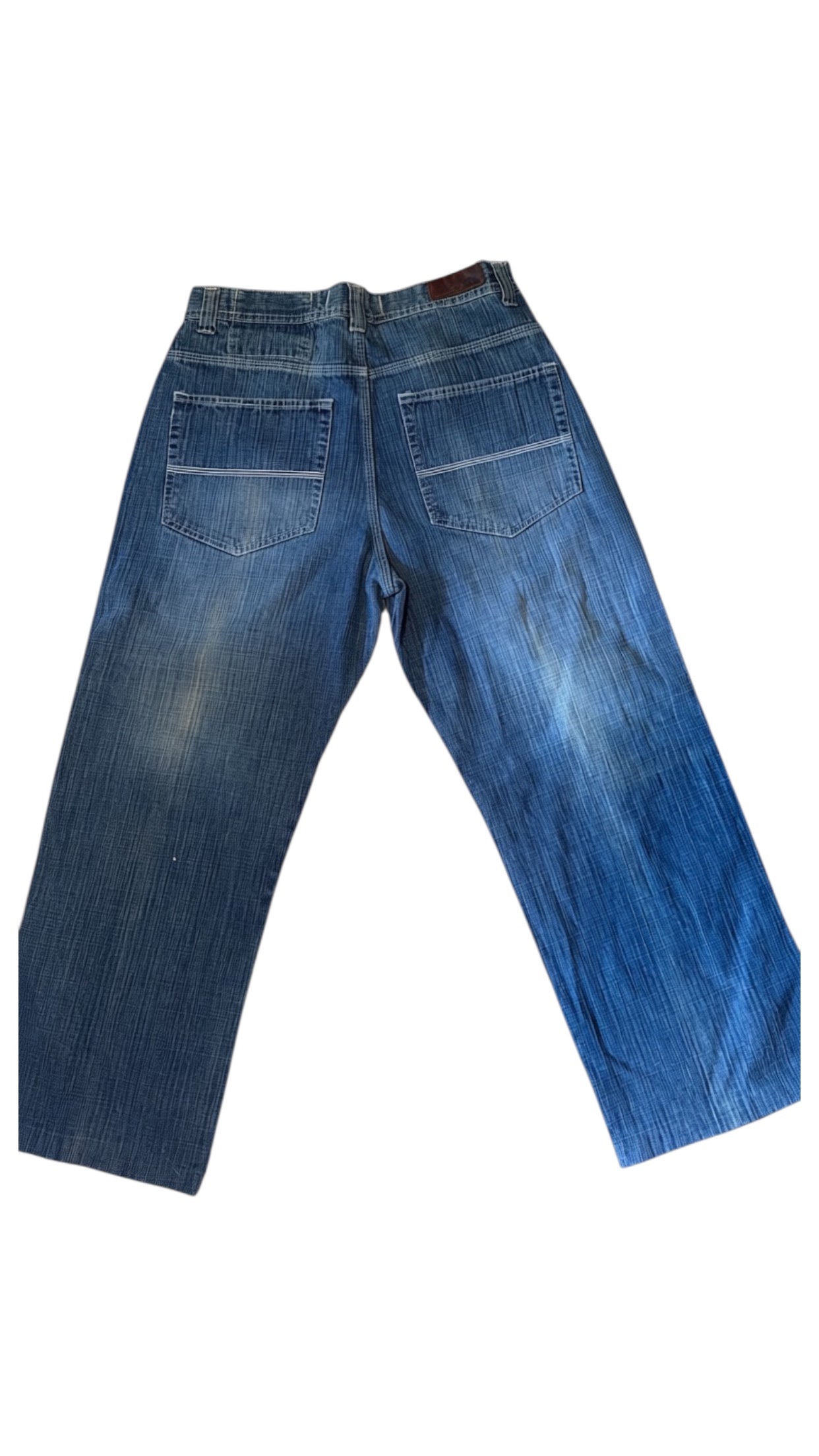 SohoStich Co. Men's relaxed fit medium wash blue denim jeans with five-pocket design and faded details.