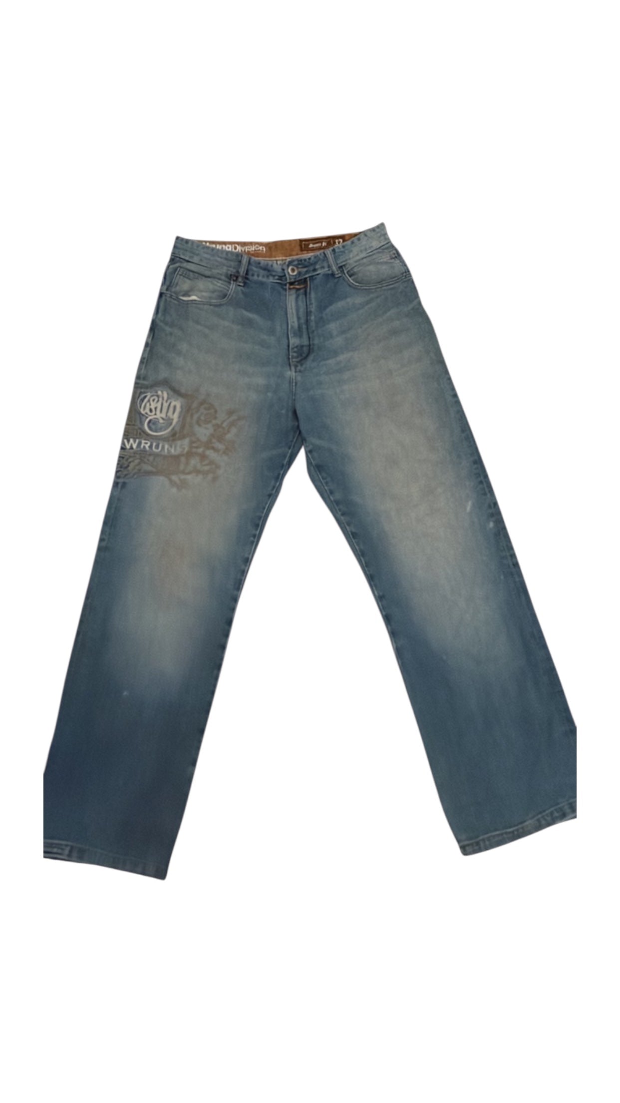 SohoStich Co. Men's relaxed fit medium-wash denim jeans with embroidered graphic detail on left leg.