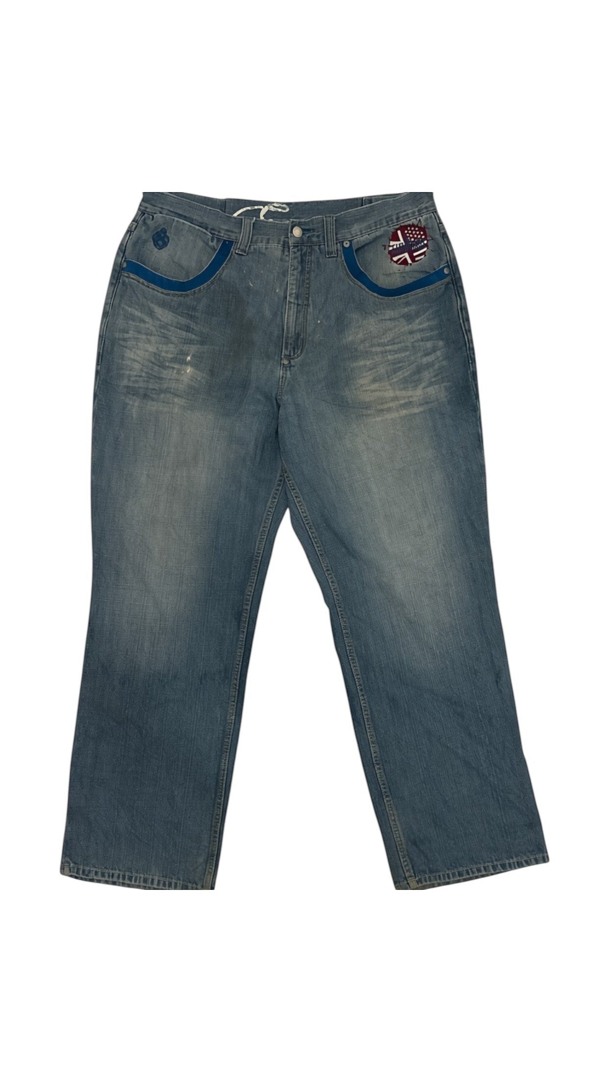 SohoStich Co. Men's relaxed fit medium wash denim jeans with Union Jack patch and blue trim.