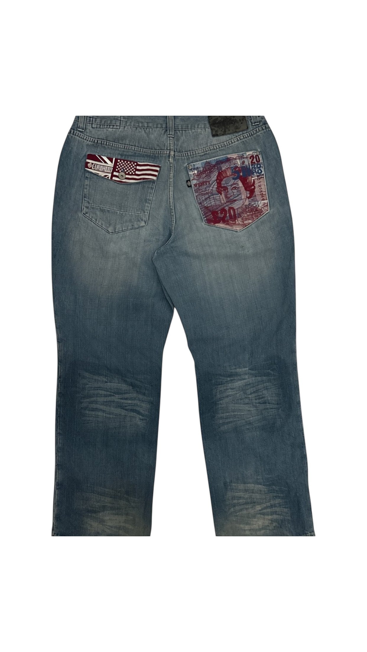 SohoStich Co. men's relaxed fit medium-wash denim jeans with Union Jack patch and graphic detail.