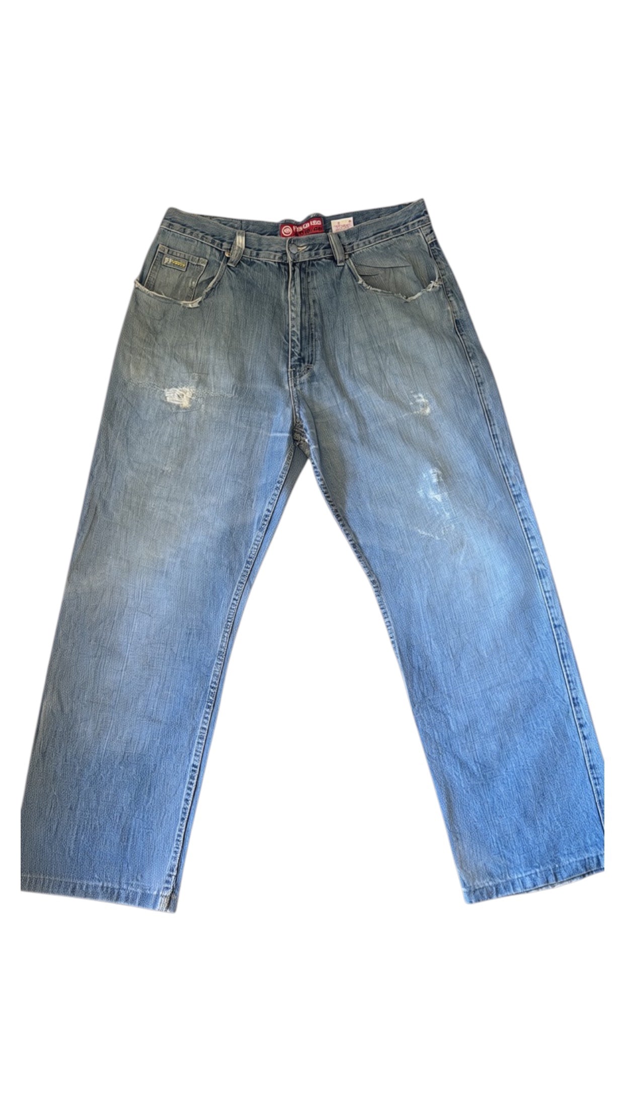 SohoStich Co. Men's relaxed fit light wash denim jeans with distressed details and a five-pocket design.