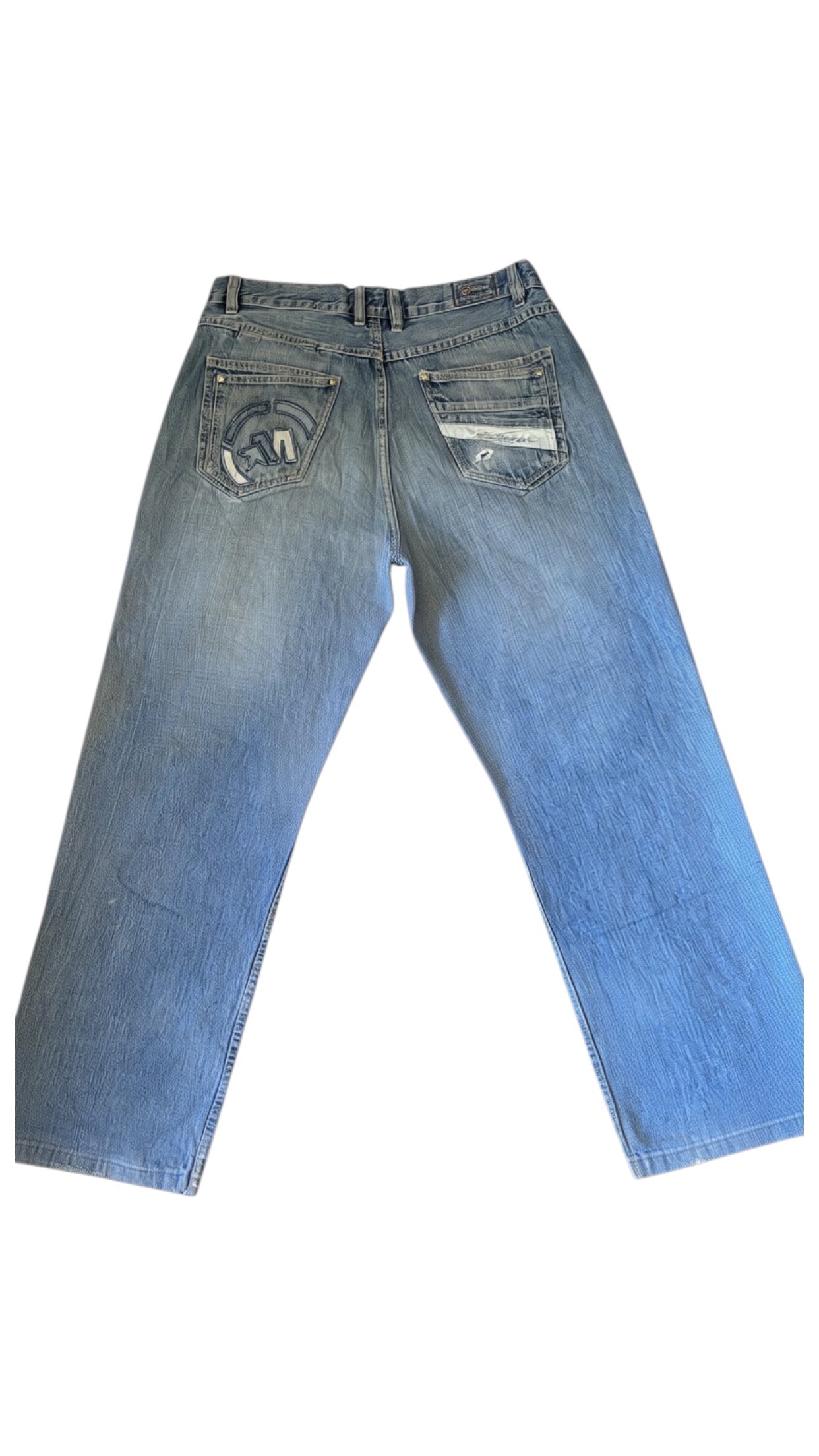 SohoStich Co. Men's relaxed fit light wash denim jeans with distressed details and five-pocket design.